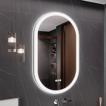 LED Mirror for Bathroom, 24x40 Inch Vanity Mirror with Lights,Anti-Fog Oval Bathroom Mirror, 3 Colors and Stepless Dimmable Wall Mounted Makeup Mirror with Metal Frame Silver