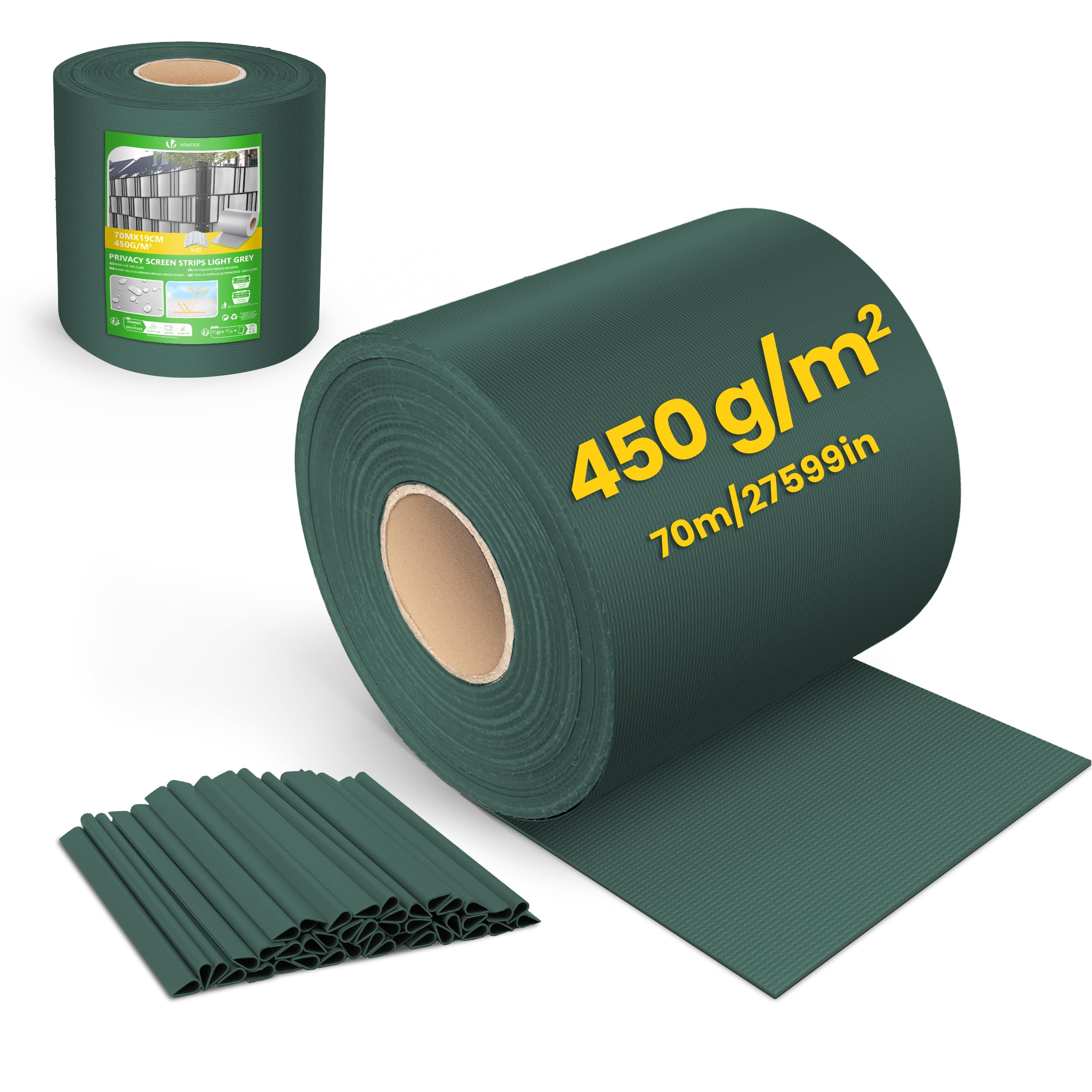 VOUNOT® PVC Privacy Screen Strips 450 g/m² Garden Privacy Fence Screen 70m x 19cm Double Rod Mats with 40 Clips for Deck Patio