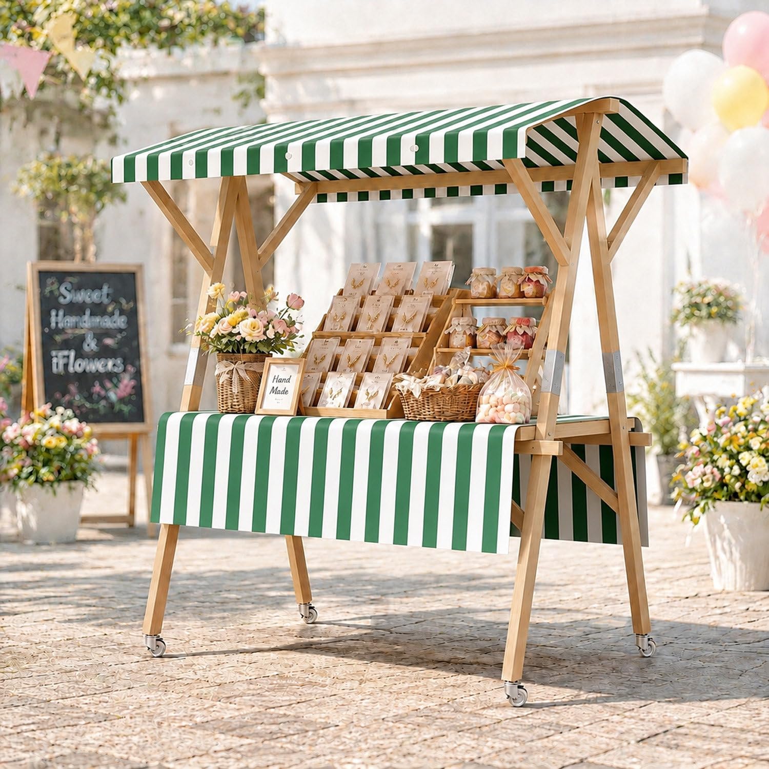 COAKUE Collapsible Wooden Outdoor Vendor Cart on Wheels with Canopy, Portable Food Cart Display Stand for Street Vending, Markets, Outdoor Events & Parties GreenD-120cm/47.2in