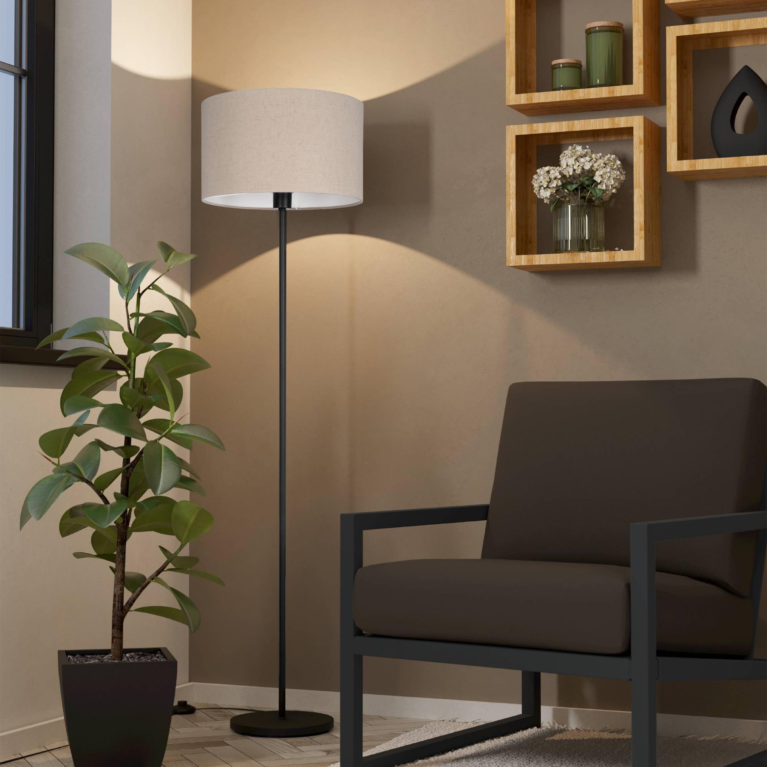 EGLO Stehlampe Feniglia, Eck Standleuchte Stehleuchte | aus Metall in Schwarz mit Lampenschirm aus Leinen in Naturfarben, Lampe Wohnzimmer mit E27 Fassung, 151 cm