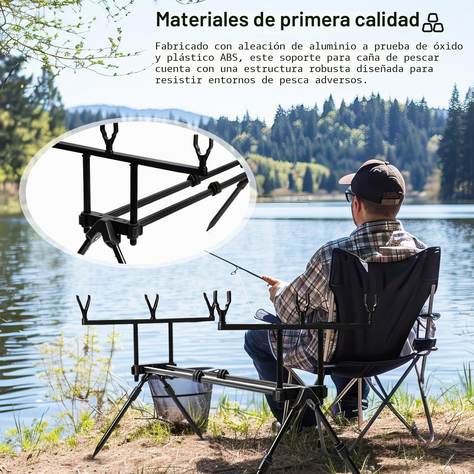 Soporte para Cañas de Pescar, 64-121cm Portacañas de Tres Cabezales Extensible Estante de Cañas de Pescar con Bolsa de Transporte y 6 Cabezales de Apoyo para Cañas para Pesca de Carpas Desde la Orilla