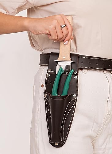 Vista 6 de Cinturón personalizado de cuero Hori Hori con funda, podador y bolsillos para tijeras. Cinturón de herramientas de jardinería personalizado