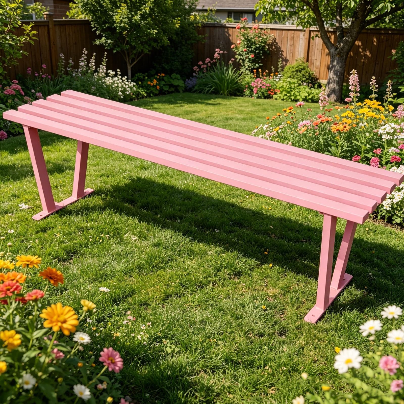 Banco de JardíN de Metal, Bancos para Exterior，Capacidad de 400 Kg, Asiento de Listones para JardíN, Porche o Entrada(Pink,100x40x45cm/39x18x16in)