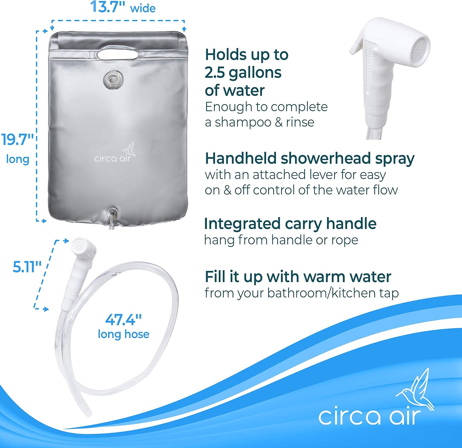 CIRCA AIR Bedside Shower System - 2.5 GL Water Shower Bag for Hair Washing in Bed. Use It with an Inflatable Hair Washing Basin. Provides Portable Warm Water to Make Hair Washing Easier