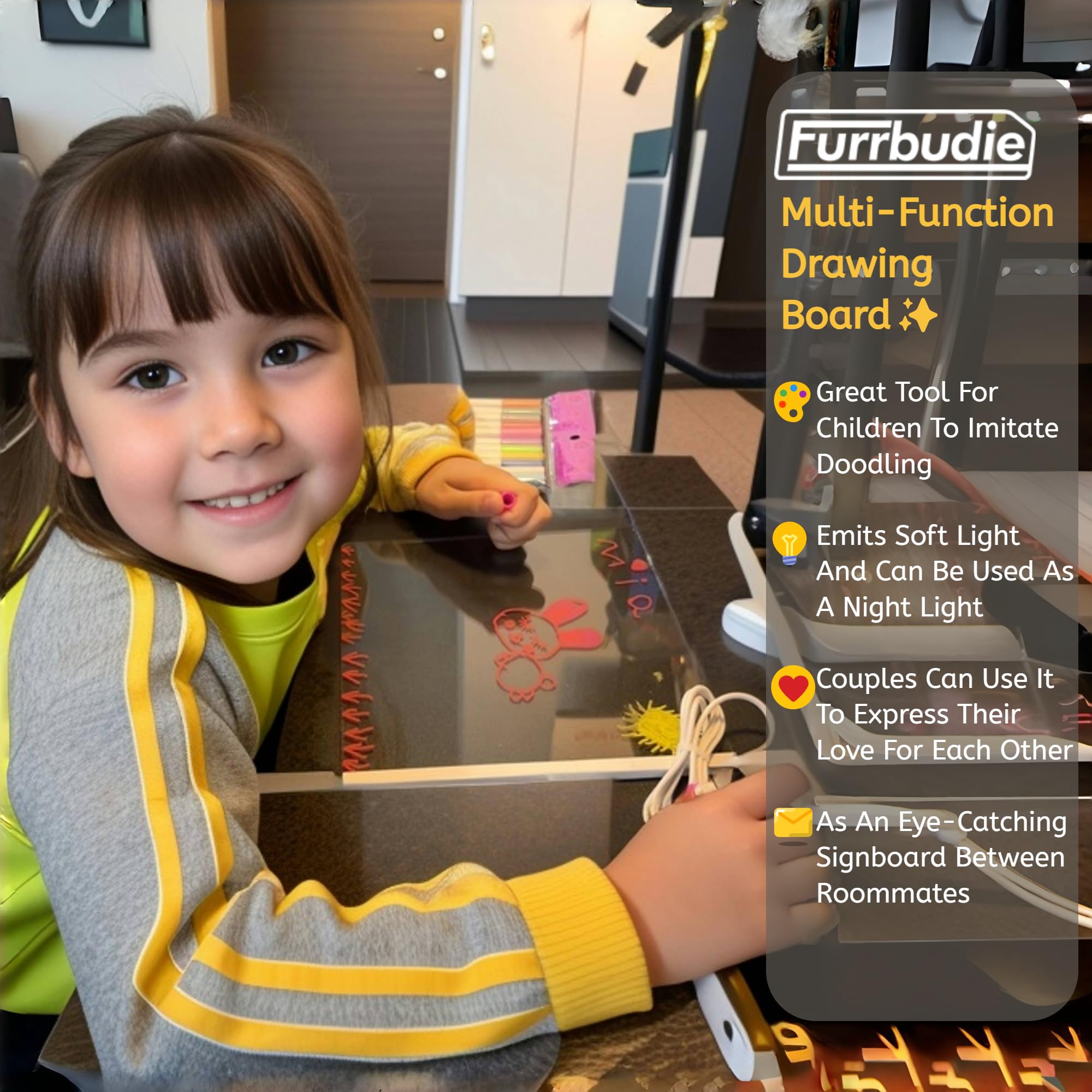 Furrbudie LED Drawing Board with 12 Colors Pen, 30x20cm Led Light Note Message Board - Image 2
