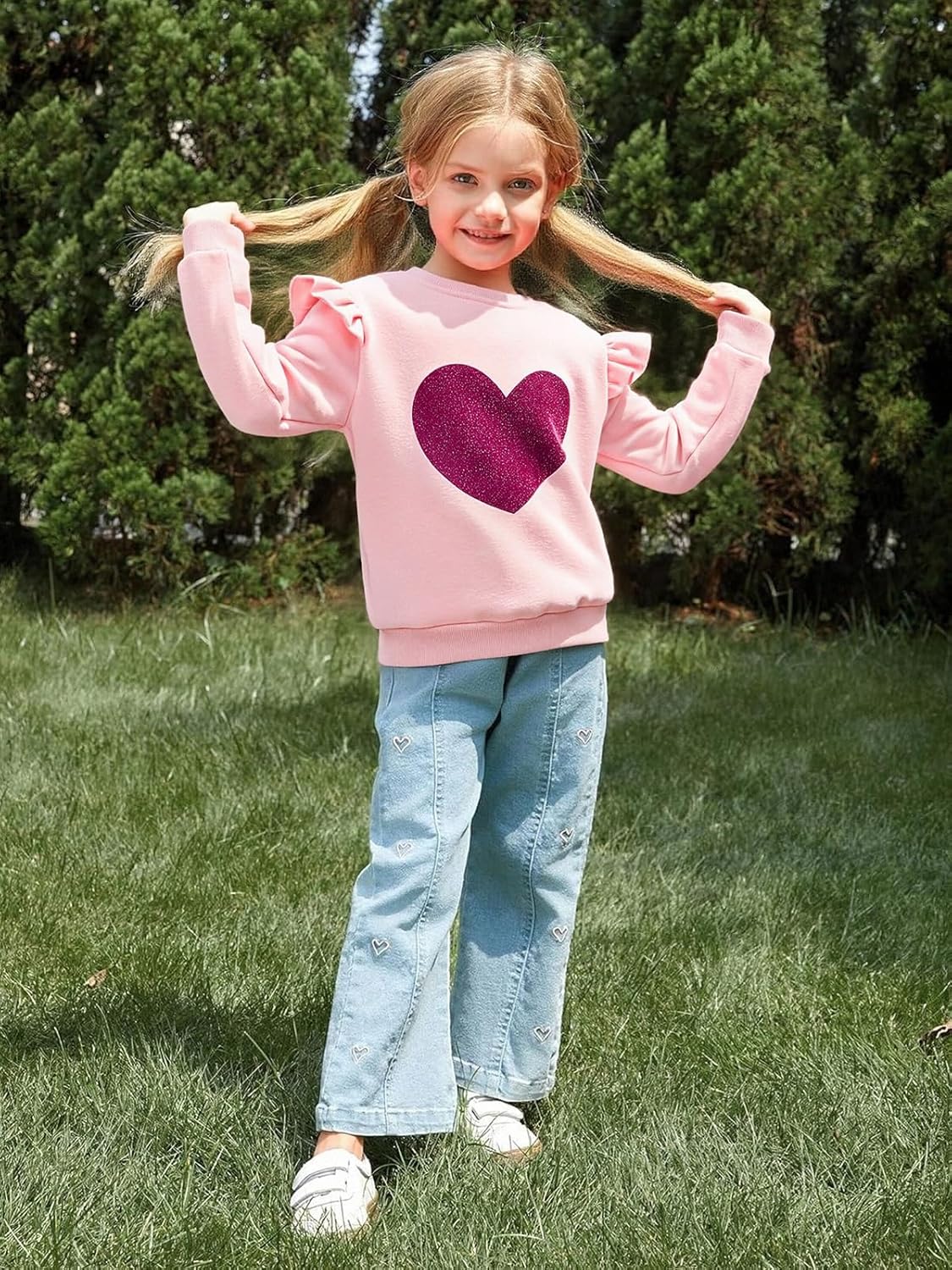 Toddler Girls Heart Sweatshirt Ruffle Long Sleeve Shirt Baby Valentine Outfits Pullover Tops 2-7 Years - Image 2