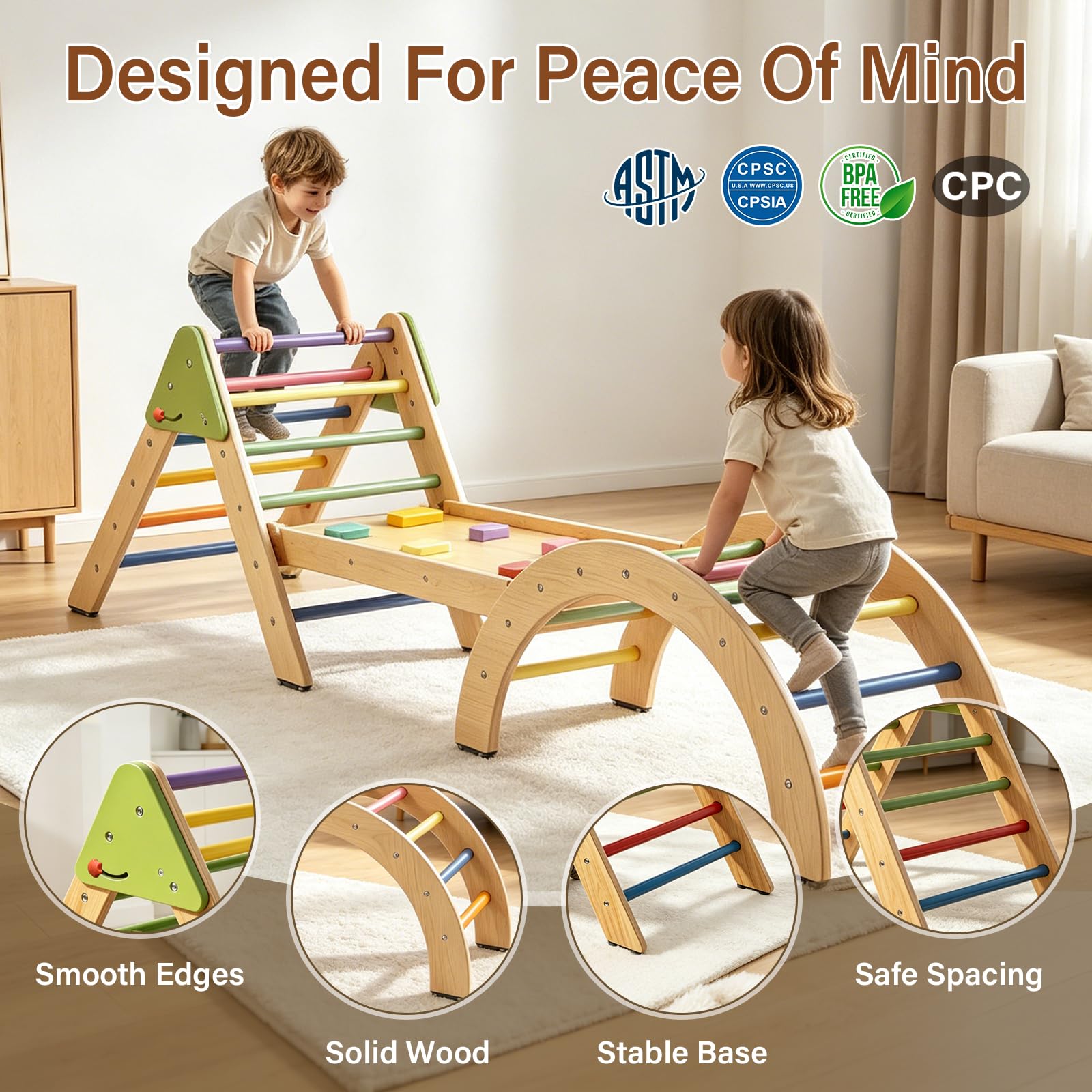 7 in 1 Montessori Klettergerüst Set Kinder ab 18m+ Holz Pikler Dreieck Baby Indoor Spielset Kletterdreieck mit Rutsche, Bogen, Leiter faltbar Spielplatz Geschenk für Kleinkinder Jungen und Mädchen 1-3