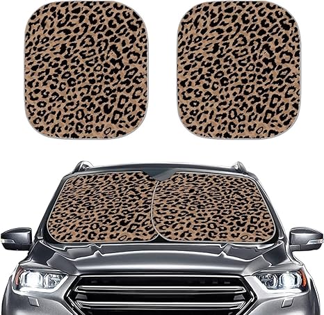 Renewold Car Windshield Sun Shade, Portable Auto Sunshade Car Sun Shade Blocks, Heat Sun Shield Visor Fits for Most Sedan Van SUV Trucks 2pcs Set, Leoaprd Print Fashion Car Accessories Interior