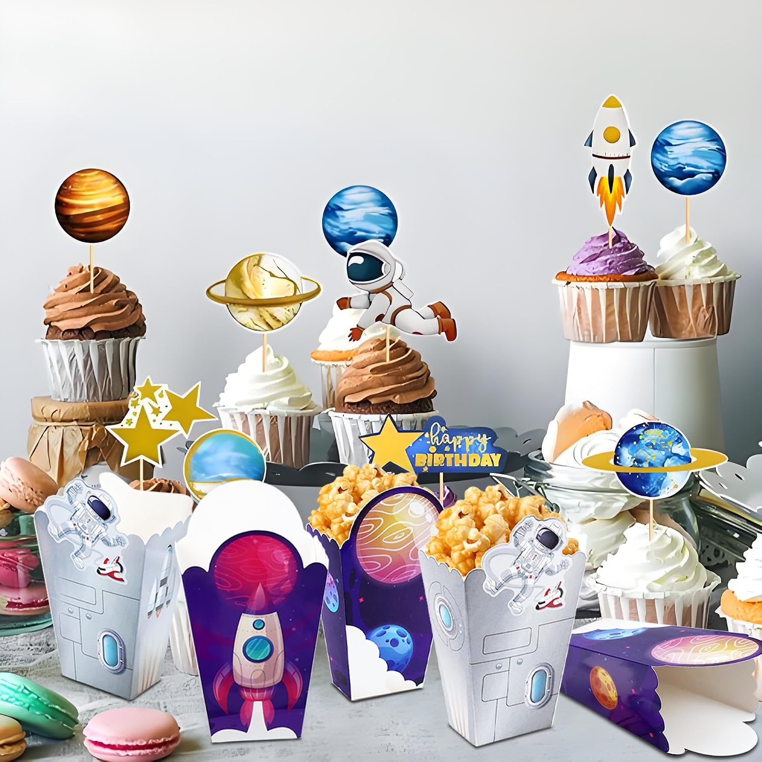 24Pcs Outer Space Themed Paper Popcorn Treat Boxes Candy Cookie Container for Astronaut Galaxy Birthday Party Supplies