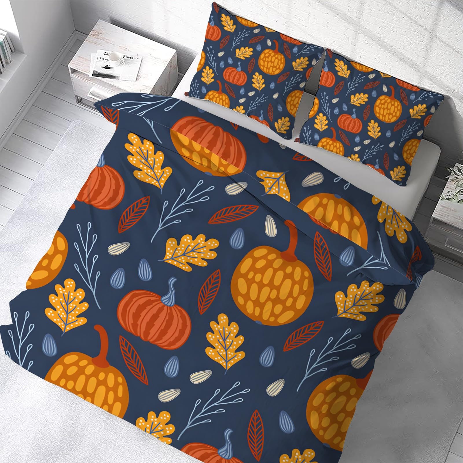 Poszwa na kołdrę 150x200 dyni, poszewka na kołdrę liść dębu poszewka na kołdrę, oddychająca mikrofibra miękka 3-częściowa, dwustronna poszewka na kołdrę i poszewki na poduszki 50 x 80 cm, z