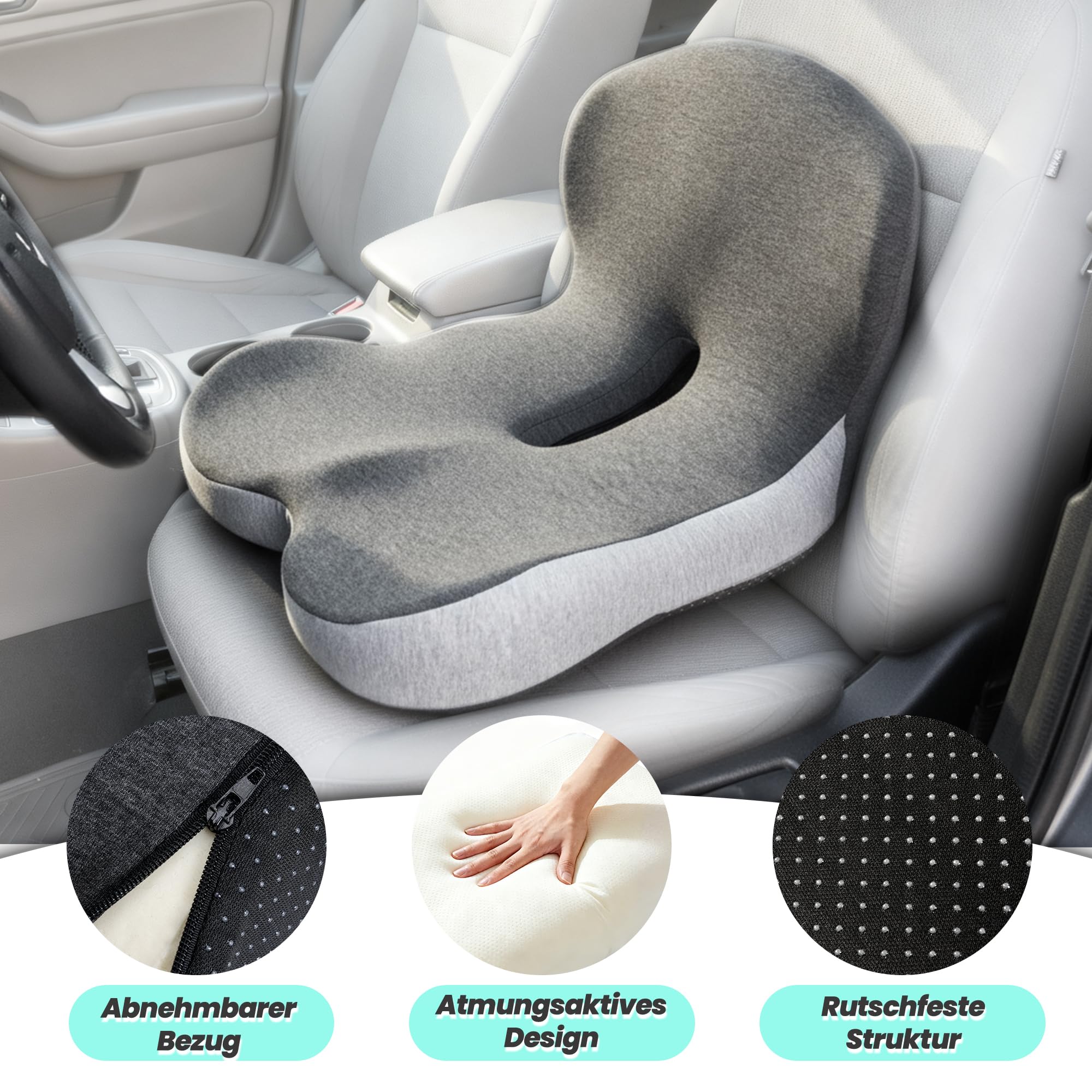 Urban Deco Sitzkissen Orthopädisch mit Rückenlehne, Ergonomisches Rückenstützkissen aus Memory-Schaumstoff, Stuhlkissen für Bürostuhl, Autositz, Rollstuhl, Büro, Auto, Schwarz & Grau,1PCS