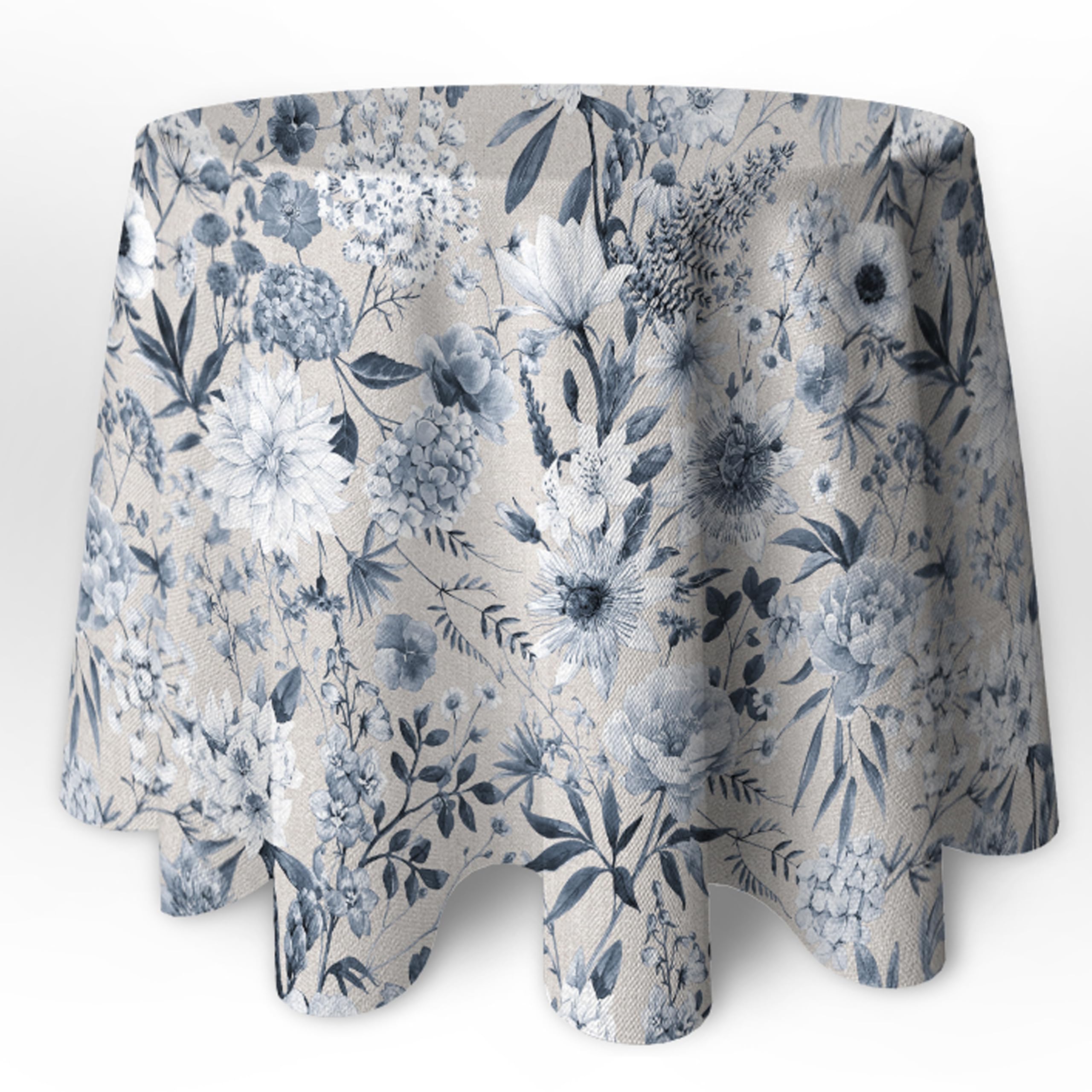 LaFábricadelasTelas - Falda o Ropa de Mesa Camilla Redonda Primavera Verano Loneta Estampada Flores algodón, Faldón Faldilla enagüilla (Gris-Azulado, 100 cm diámetro)