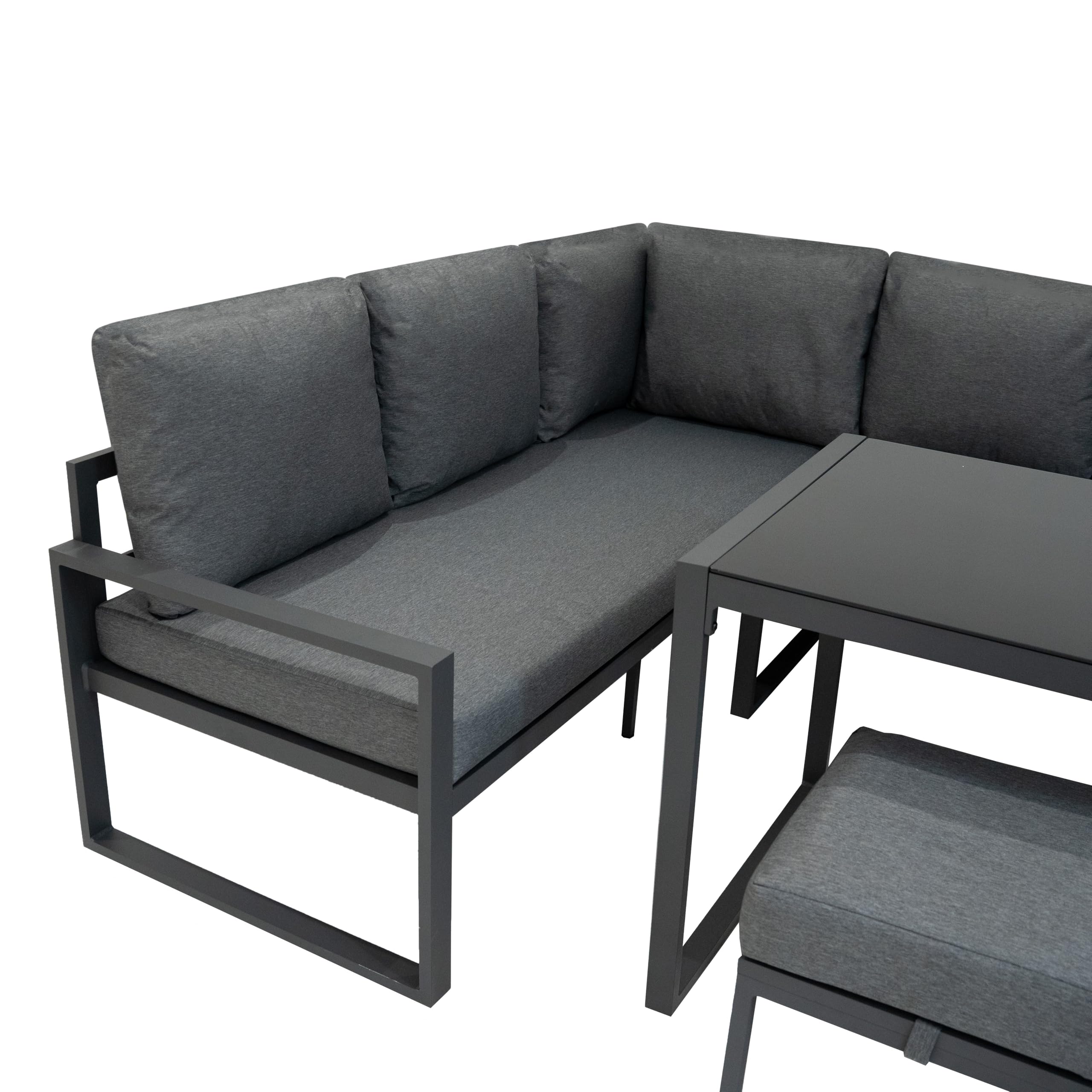 Conjunto Sofá Esquinero de Aluminio 7 plazas | Gris Antracita | Sofa + 2 Taburetes + Mesa con Tapa de Vidrio + Funda Impermeable | Cojines Lavables, Diseño Moderno y Resistente para Jardín Terraza
