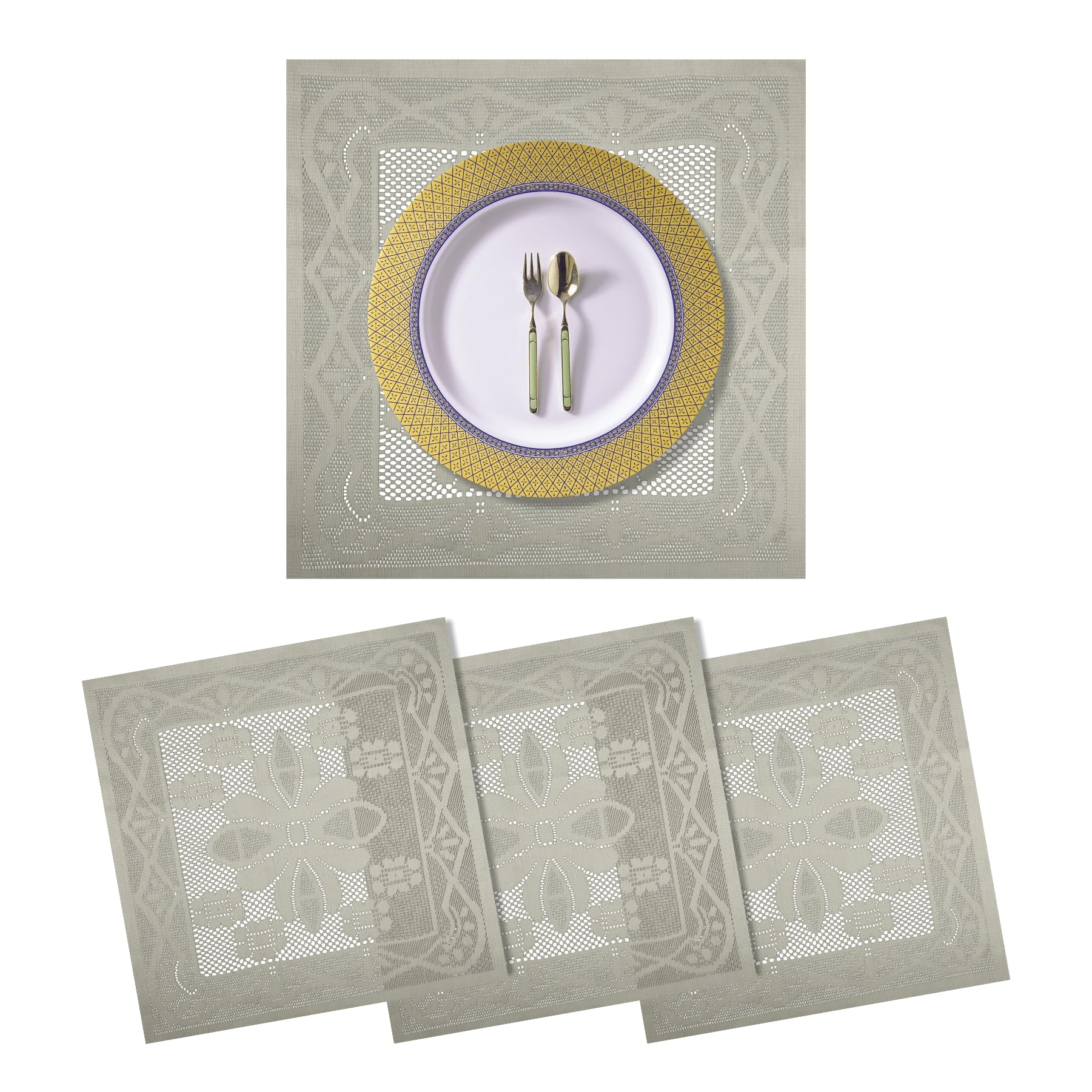 Kuber Industries Placemat | Dining Table Placemat | Square Plain Net Placemat Set | Side Table Placemats | 20 Inch | Pack of 4 | Cream