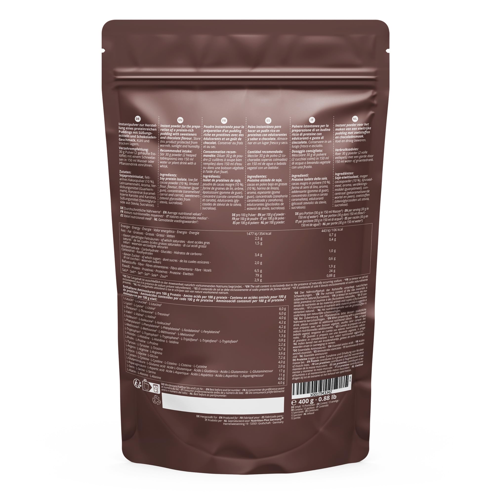 Pudin proteico Chocolate vegano 400 g 24 g Proteínas por Ración alto en Proteínas sin Lactosa y Gluten