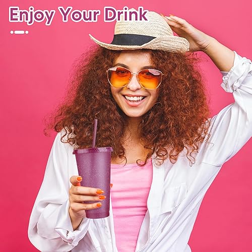 Vista 163 de Paquete de 24 vasos de plástico con tapas y popote, vasos reutilizables con tapas y pajillas, vasos coloridos para bebidas frías, café helado, vasos