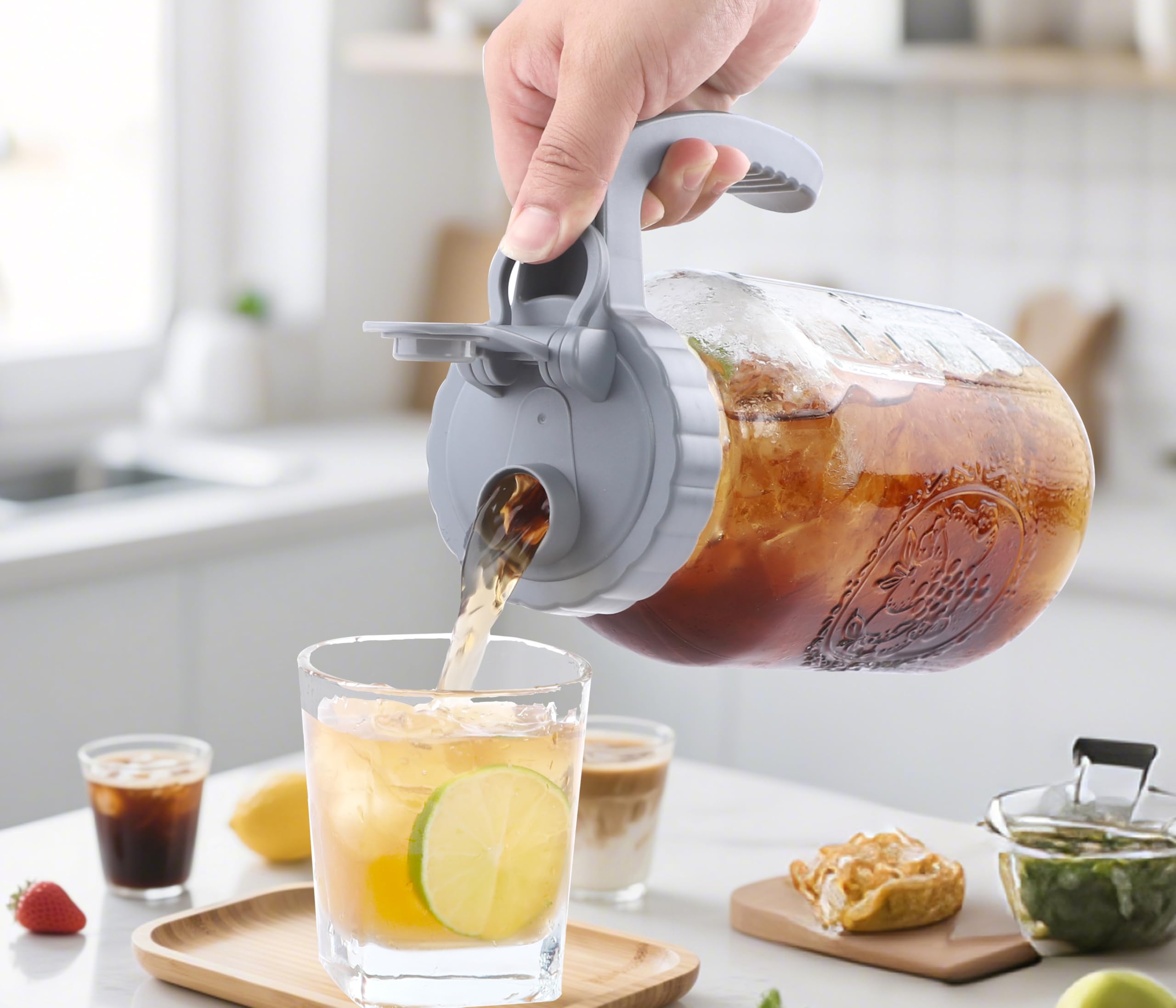 Jarra de agua de vidrio de 64 onzas con tapa de medio galón de boca ancha, jarra de té de sol de 2 cuartos de galón, jarra de agua caliente para café, limonada, bebidas, leche, recipiente de jugo para