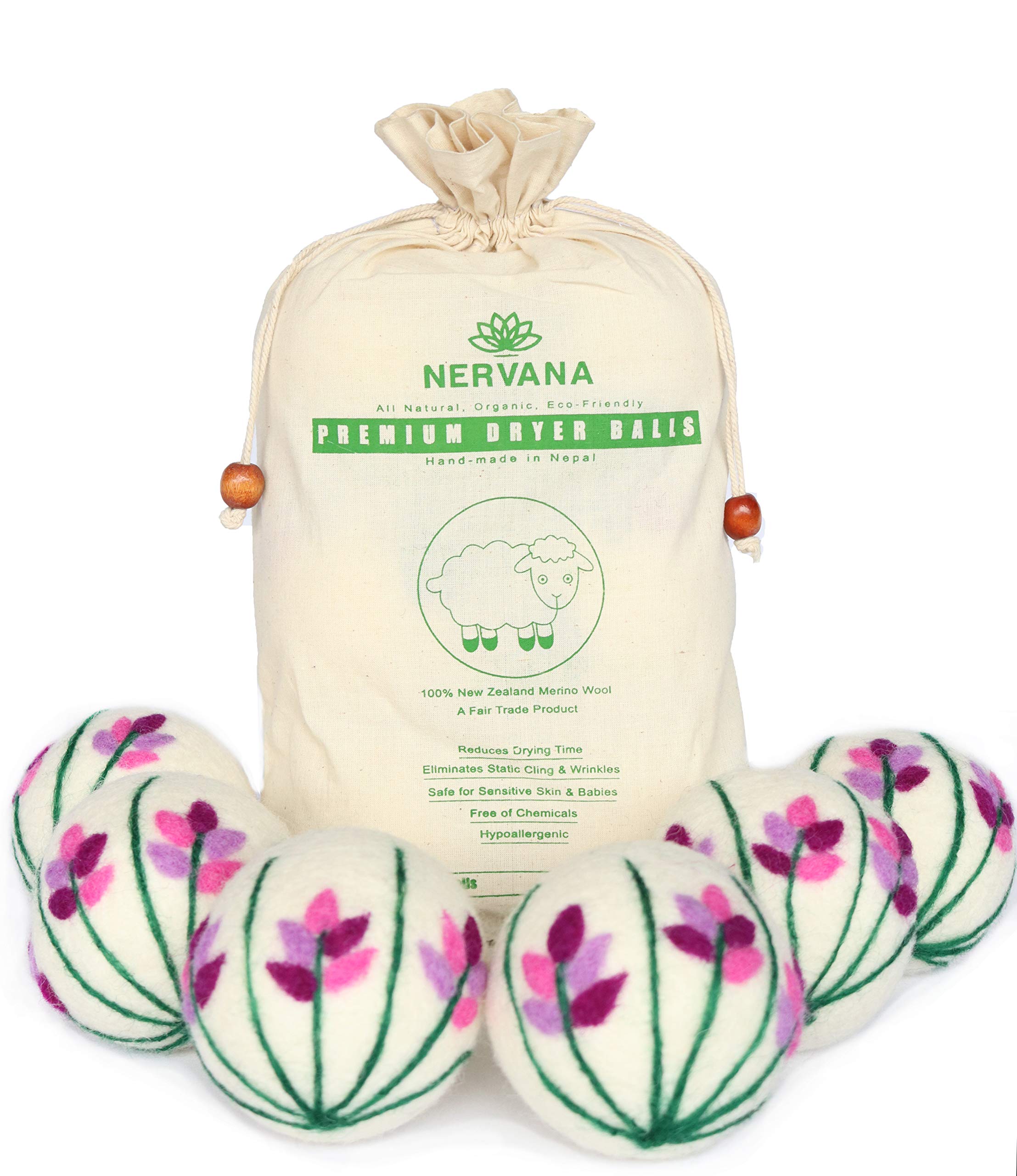 Organic Wool Dryer Balls - Lavender 6 XL Premium Quality Reusable Natural Fabric Softener, 100% Hand Made, New Zealand Merino Wool, Bunch of Lavender,