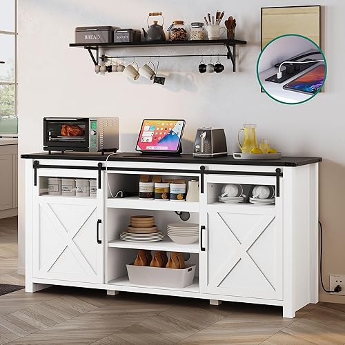 YITAHOME Farmhouse Buffet Cabinet with Power Outlet, 66'' Sideboard Kitchen Cabinet w/Storage, Adjustable Shelf, Glass Doors, Large Coffee Bar Table for Living Room, Kitchen, White & Black