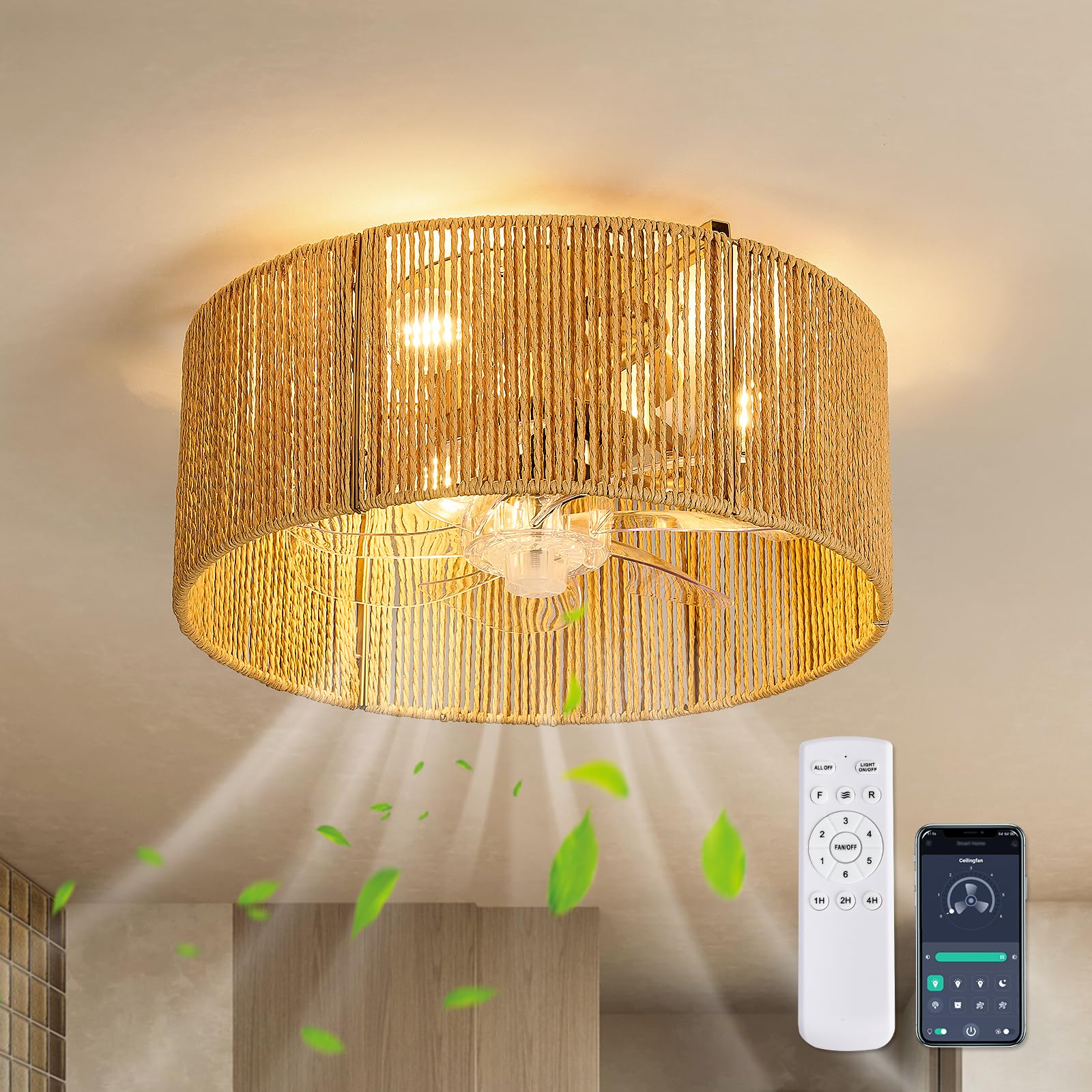 Photo 1 of Latinulu Boho Rattan Ceiling Fan with Light - 14.96 Inch, Remote Control