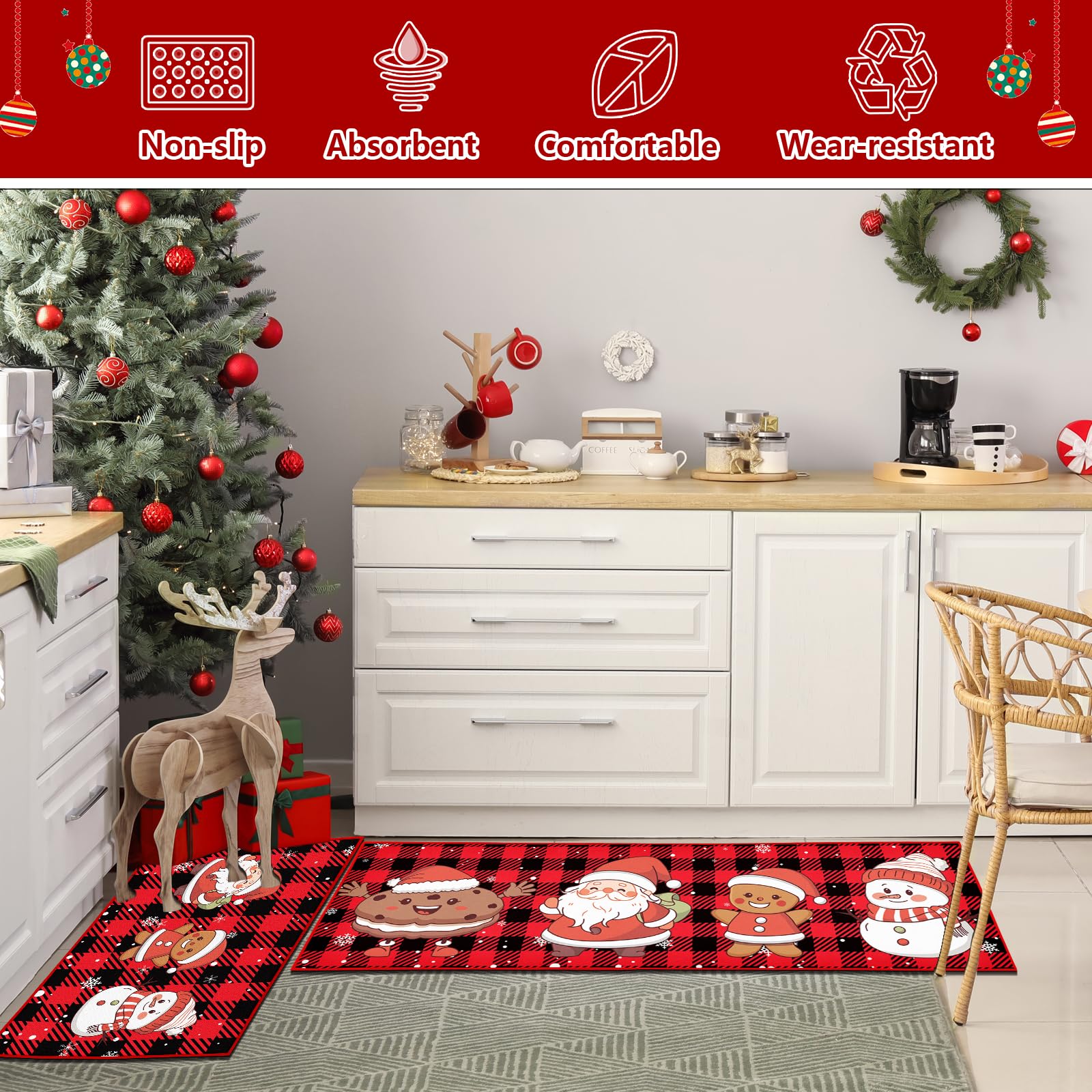 Tappeto da cucina natalizio, antiscivolo, lavabile, per corridoio, soggiorno, bagno, cucina, set decorazione natalizia (Natale H, 43 x 150 cm+43 x 75 cm)