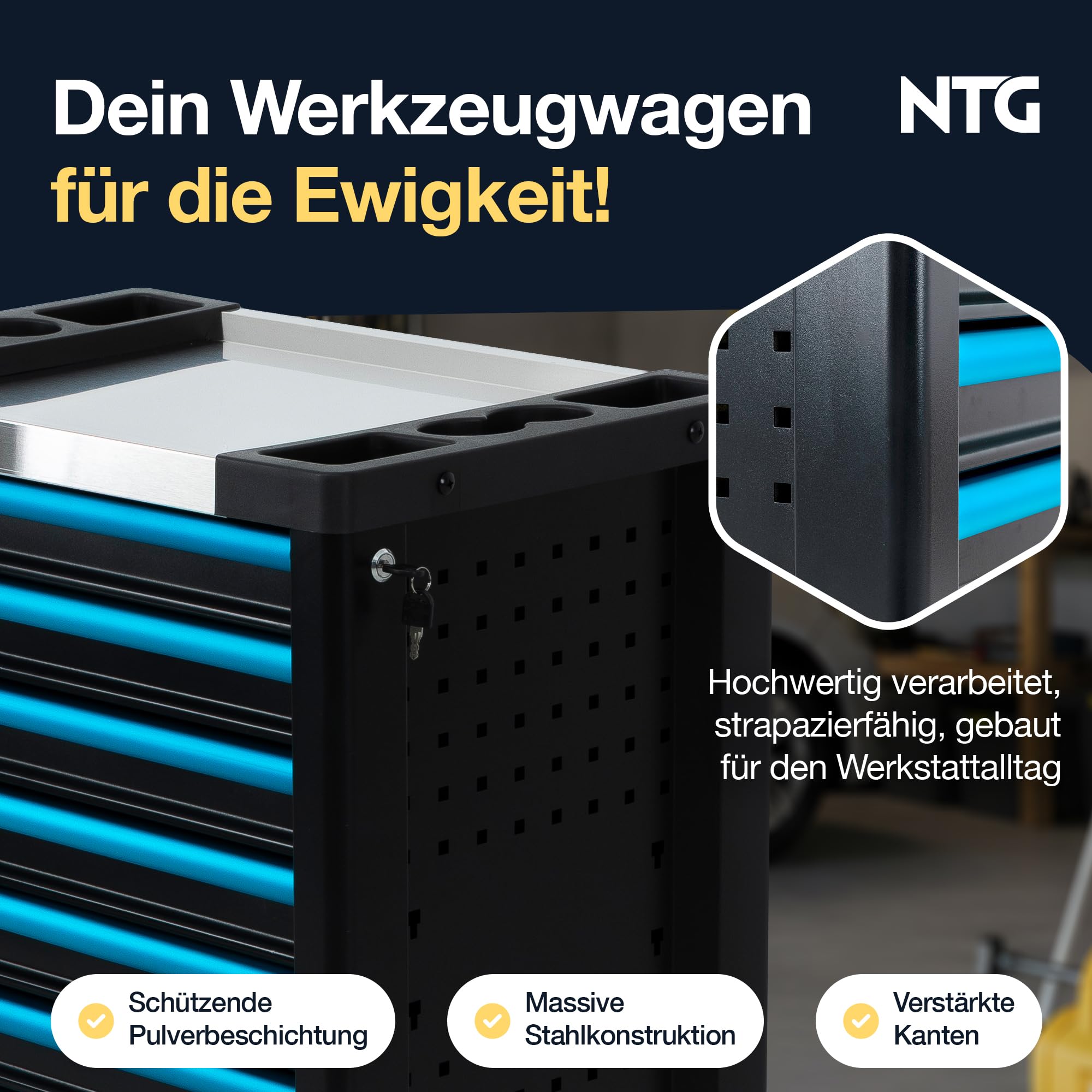 NTG WERKZEUGWAGEN GEFÜLLT MIT 290-TLG Werkzeug – Werkstattwagen, 7 Schubladen, abschließbar mit Zentralverriegelung, Mobile Rollen, stabile Stahlkonstruktion für Werkstatt & Garage