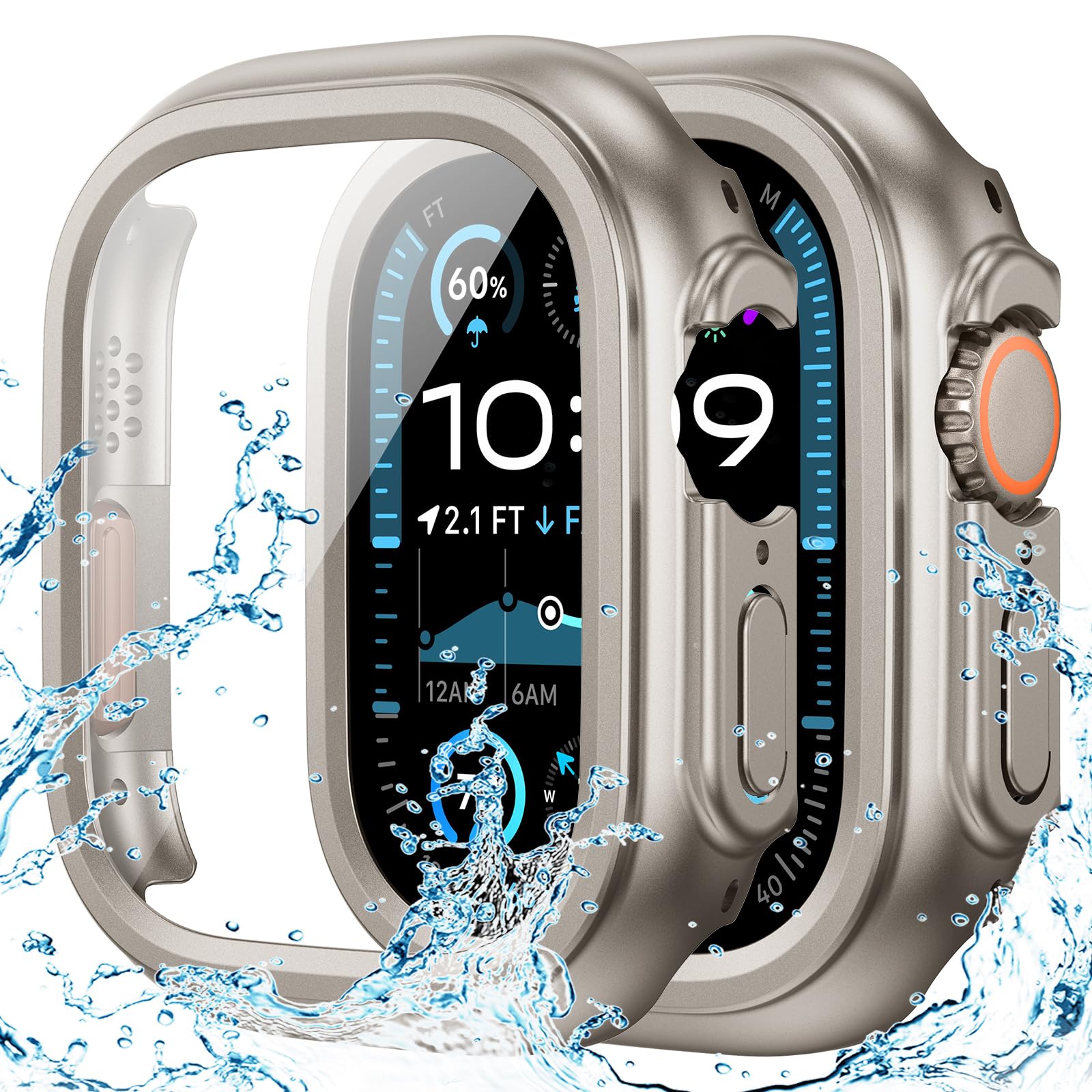 Goton Waterproof Case for Apple Watch Ultra Ultra2 49mm Screen Protector, Full Protective Hard PC Bumper Face Cover Accessories Designed for iWatch 49 mm Titanium