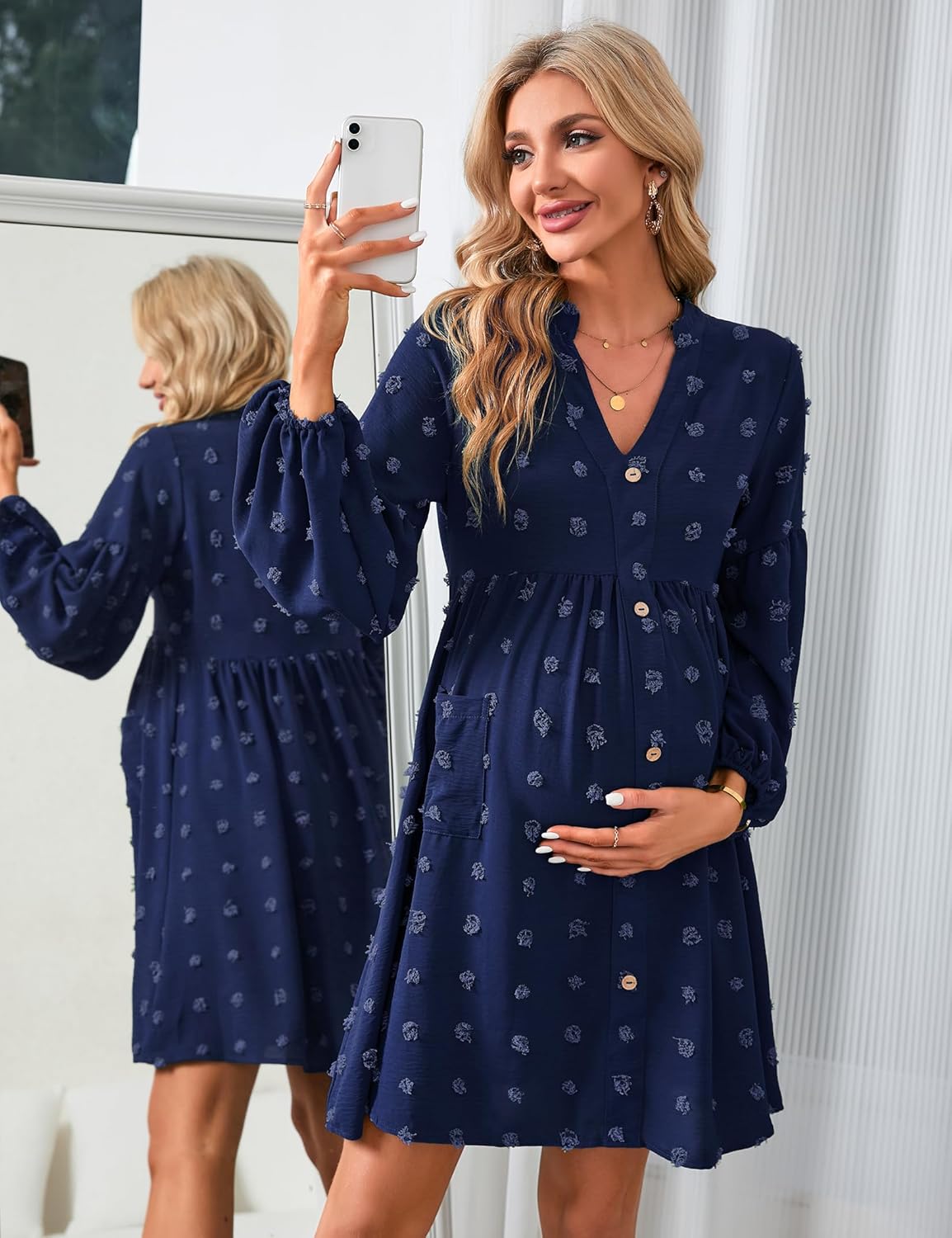 KOJOOIN Women's Maternity Swiss Dot Dress V Neck Long Sleeve Button Down Mini Dress Baby Shower Photoshoot with Pockets