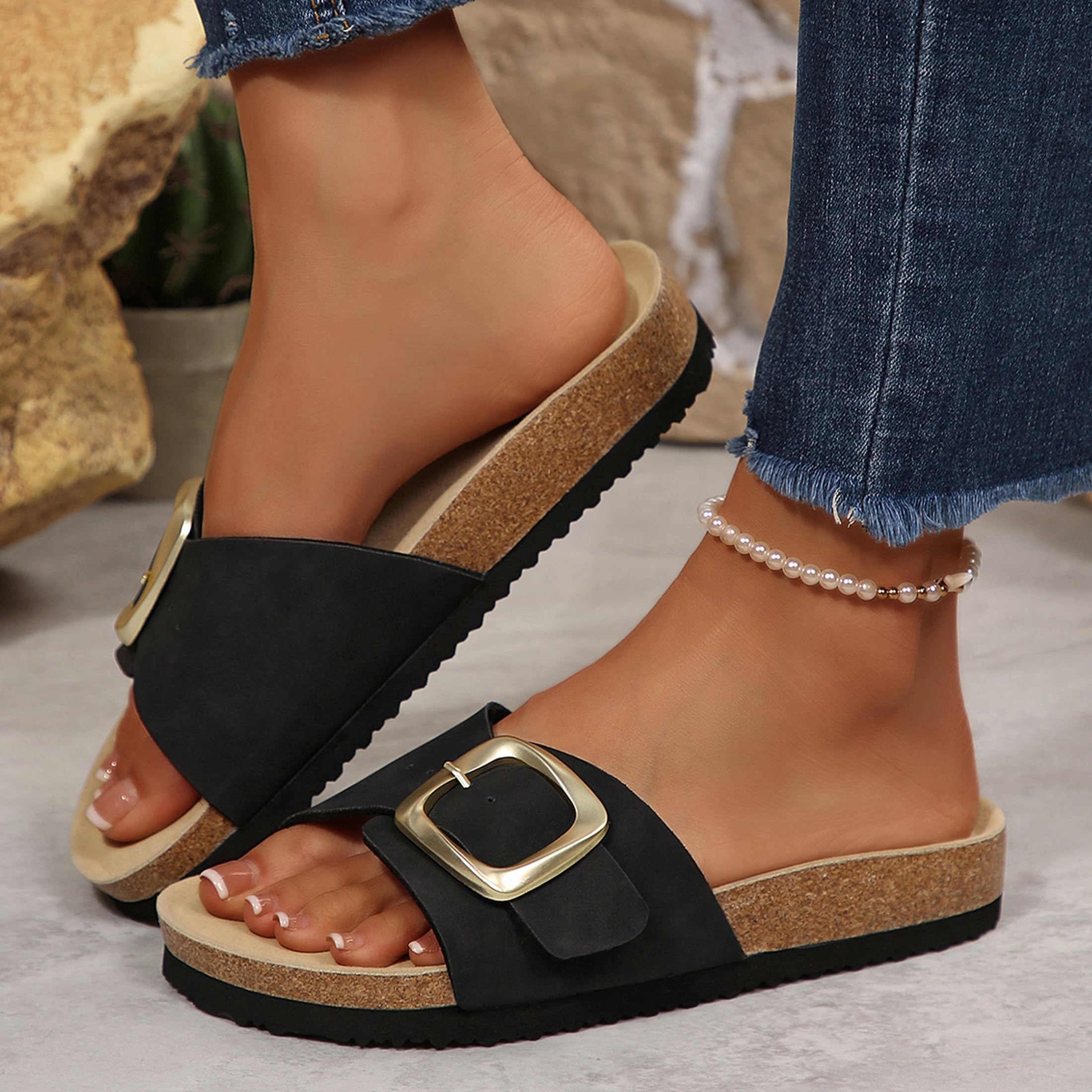Sandales Femme Été Mules Semelle Intérieure en Liège Sandales en Daim Boucle Réglable Bout Ouvert Chaussure Piscine Plage