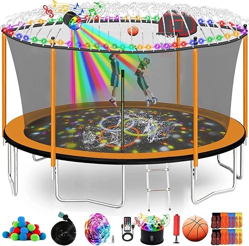 Miniatura 1 de Goujxcy Tranpoline de 1500 libras 12 pies 14 pies 16 pies para niños y adultos Tranpoline al aire libre con aro de baloncesto red de cierre aspersor