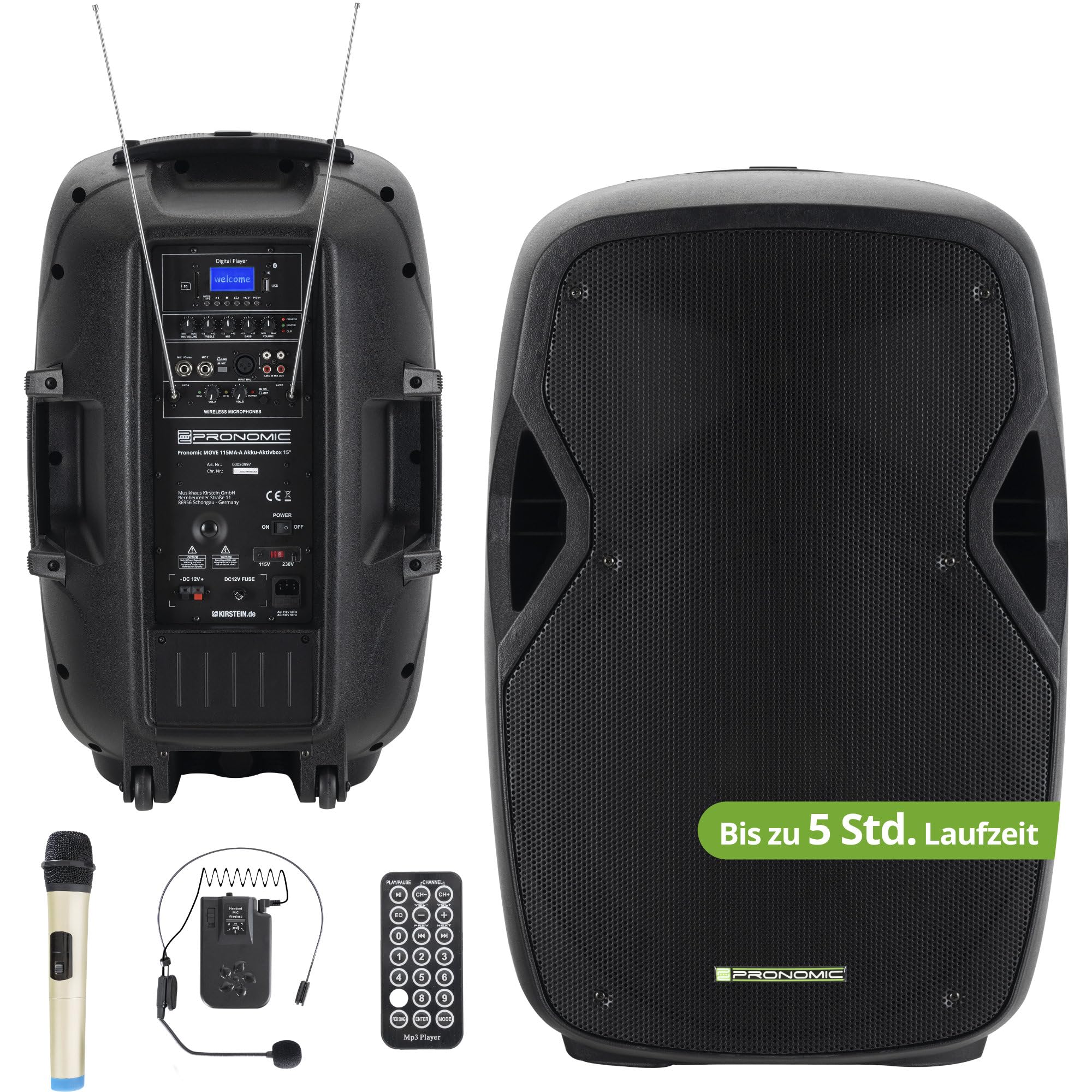 Pronomic Move 15" Partybox - Mobile PA-Anlage Bluetooth Lautsprecher TWS - Musikbox mit leistungsstarkem Akku - Leistung 30W (RMS) - Set inkl. Aktivbox, Funkmikrofon, Headset und Fernbedienung