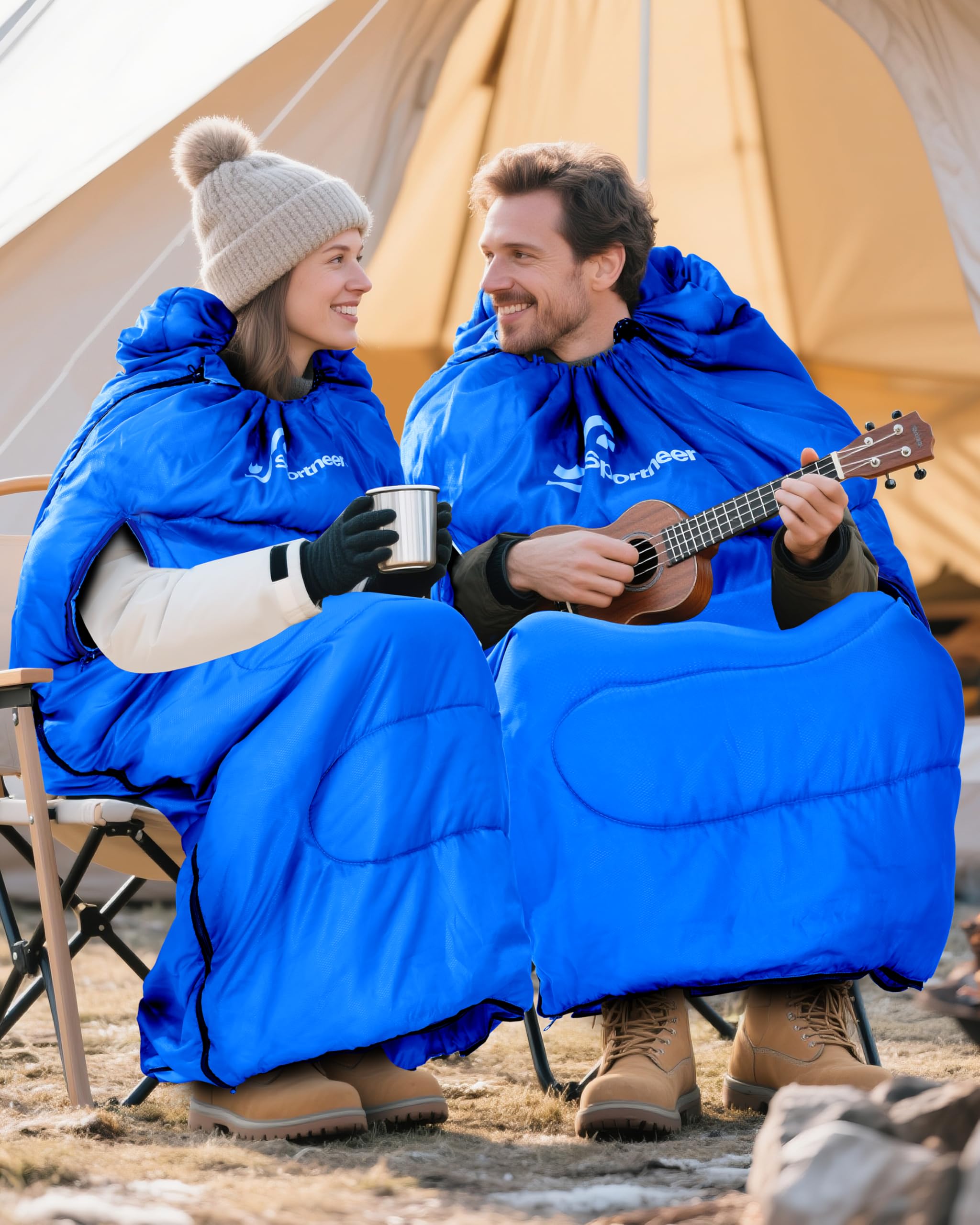 Sportneer Saco de Dormir portátil Adecuado para Las 4 Estaciones con Orificios con Cremallera para Brazos y pies Saco de Dormir Individual para Adultos para Senderismo y Viajes, 20 Grados, Azul
