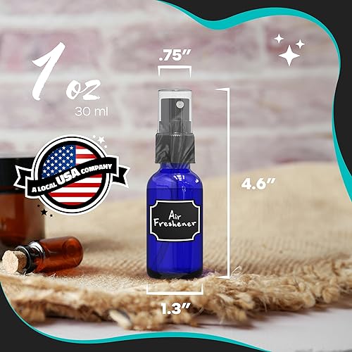 Miniatura 3 de Nevlers Botellas rociadoras de vidrio azul cobalto de 1 oz, paquete de 24 unidades, juego de botellas pequeñas con envoltura retráctil, embudo,