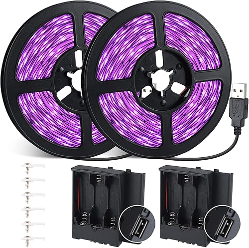 Tira de luz negra de 16.4 pies con enchufe USB + caja de batería, accesorio de luz negra adhesiva de 300 LED, funciona con batería y USB para fiesta