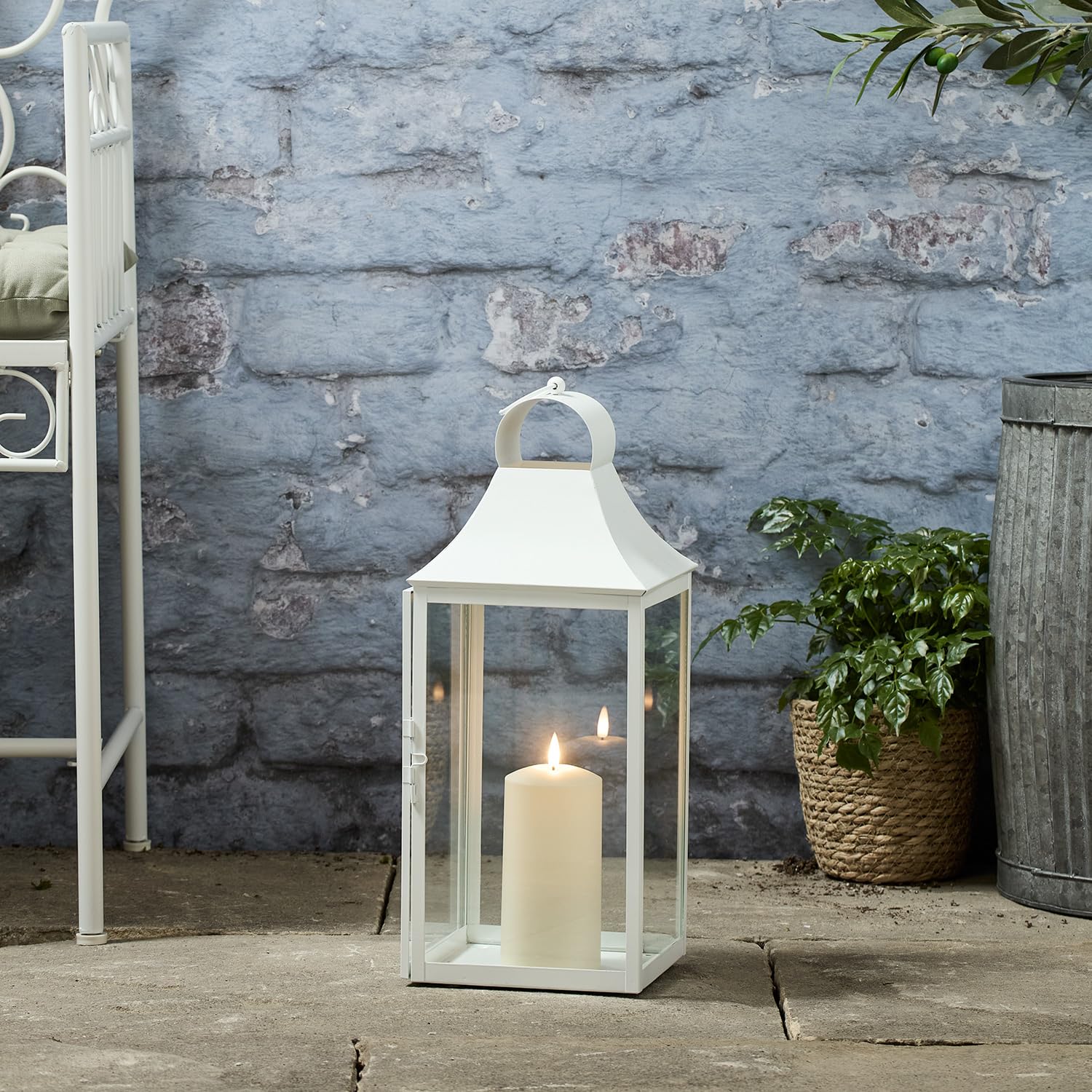 Lights4fun Lanterna Bianca in Metallo di 45 cm con Candela a LED TruGlow® con Timer per Interni ed Esterni