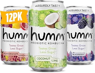 Humm Kombucha Paradise Variety 12 Pack, 2 Billion Probiotics for Gut Health, Blackberry, Coconut Lime, Pomegranate Lemonade