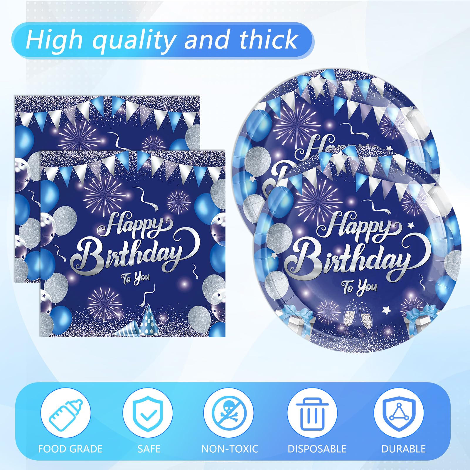 41 piezas de decoraciones de feliz cumpleaños azul marino para hombres y mujeres, platos y servilletas de feliz cumpleaños, suministros de fiesta para 20 invitados, mantel azul de feliz cumpleaños