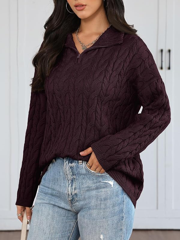 Trendy Queen Women's Oversized Sweaters Cable Knit Pullover Quarter Zip Up Chunky 2026 Fall Fashion Cozy Cotton Fisherman Winter Plus Size Cute Old Money Clothes Outfits Wine S by Trendy Queen - Image 3