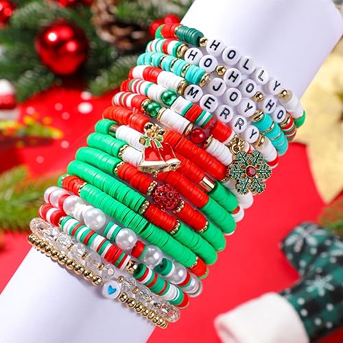 Miniatura 6 de 48 Pcs Christmas Bracelets Set Stackable Heishi Surfer Bracelet Beaded Christmas Bracelets Bulk Women's Preppy Polymer Clay Stretch Bracelet for