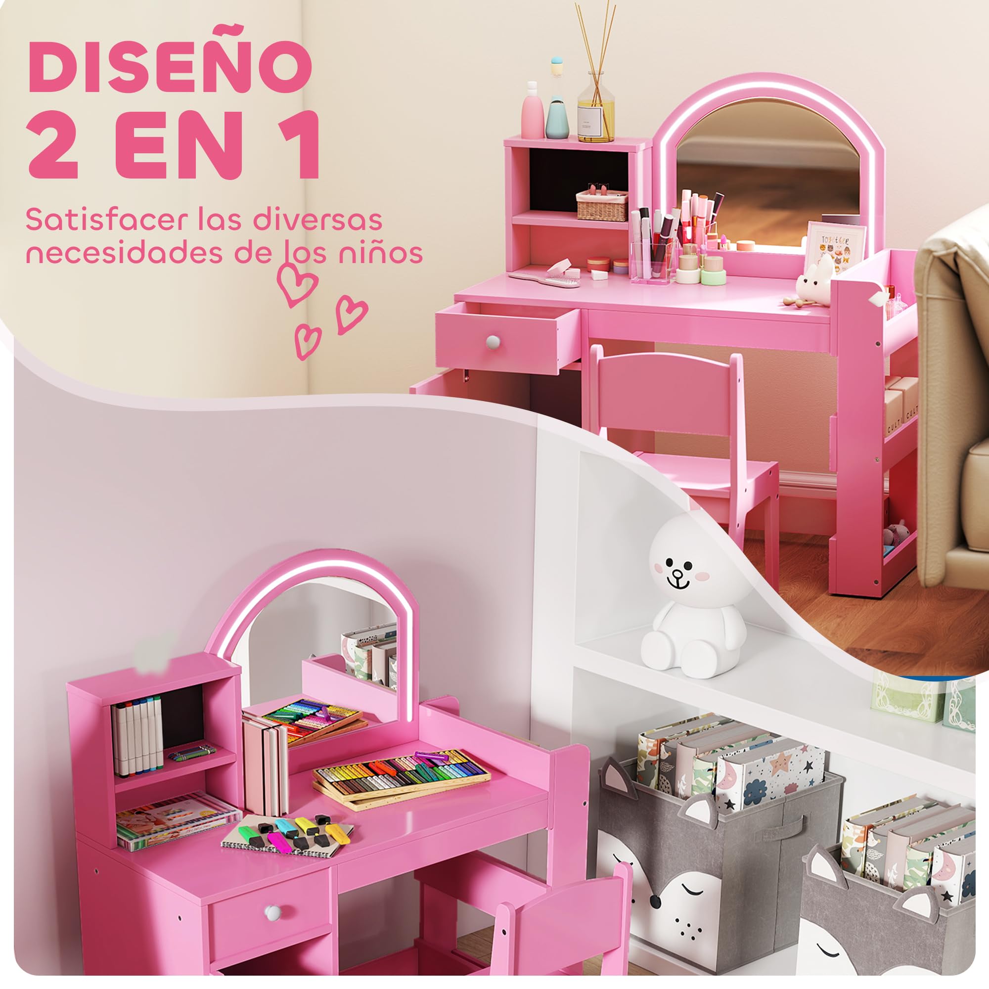 AIYAPLAY Tocador de Maquillaje Niña con Taburete para 3 a 8 Años Rosa | Tocador Infantil, Espejo con Luces LED, 1 Cajón, Armario y 5 Estantes, para Niños