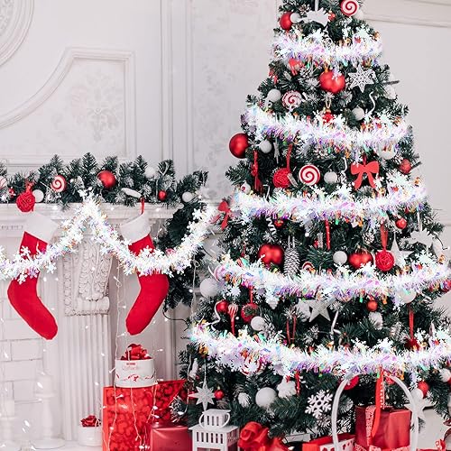 Miniatura 6 de Dilunave Guirnalda de Oropel Navideño de Película Arcoíris con Purpurina de 40 pies con Copos de Nieve Blancos - Adorno Colgante Brillante con Giro