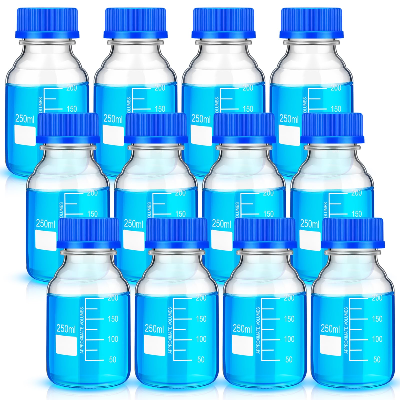 Irenare 12 bottiglie in vetro borosilicato, rotonde, graduate, con tappo a vite Gl45 blu, per liquidi reagenti per acqua di laboratorio (250 ml)