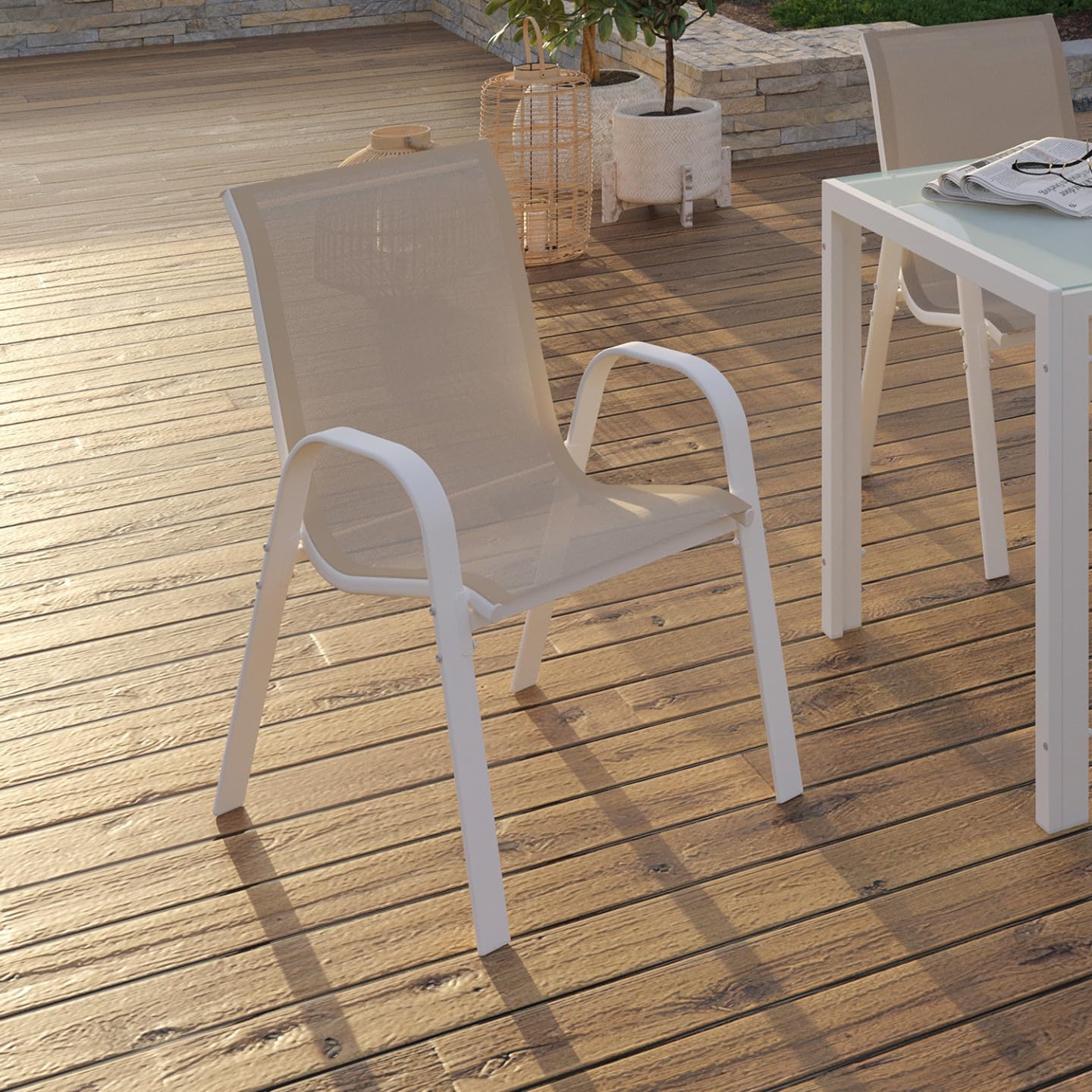 IDMarket - Lot de 6 chaises de Jardin LYMA métal et textilène empilables Blanc et Beige