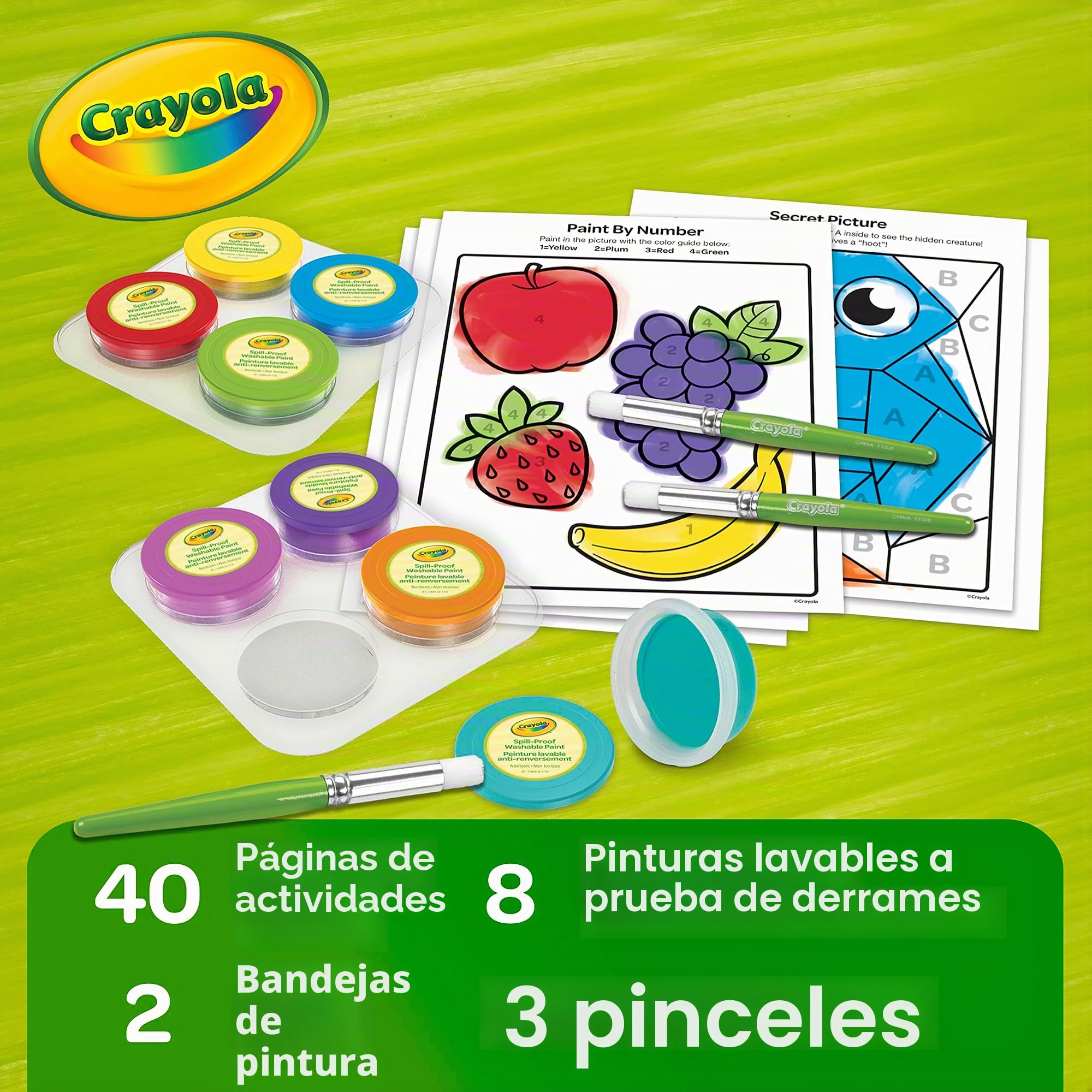 Crayola Juego de pintura a prueba de derrames (8 quilates), relleno de calcetines y regalos navideños para niños pequeños, kit de pintura lavable para niños, con pinceles, macetas, páginas de