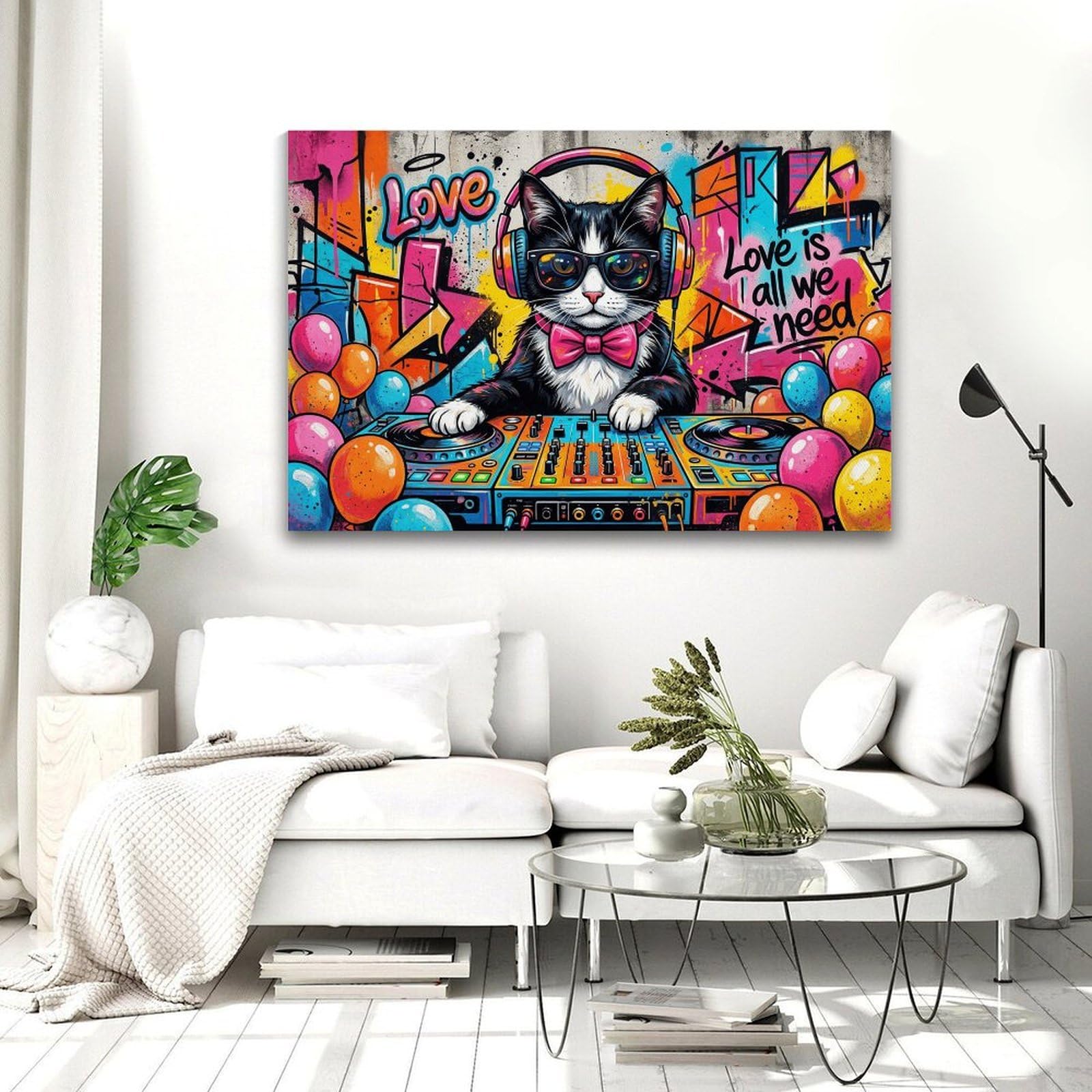 Stampa artistica da parete a tema musica pop art con gatto DJ, divertente opera d'arte per camera dei ragazzi, soggiorno, decorazione per la casa, 40 x 60 cm