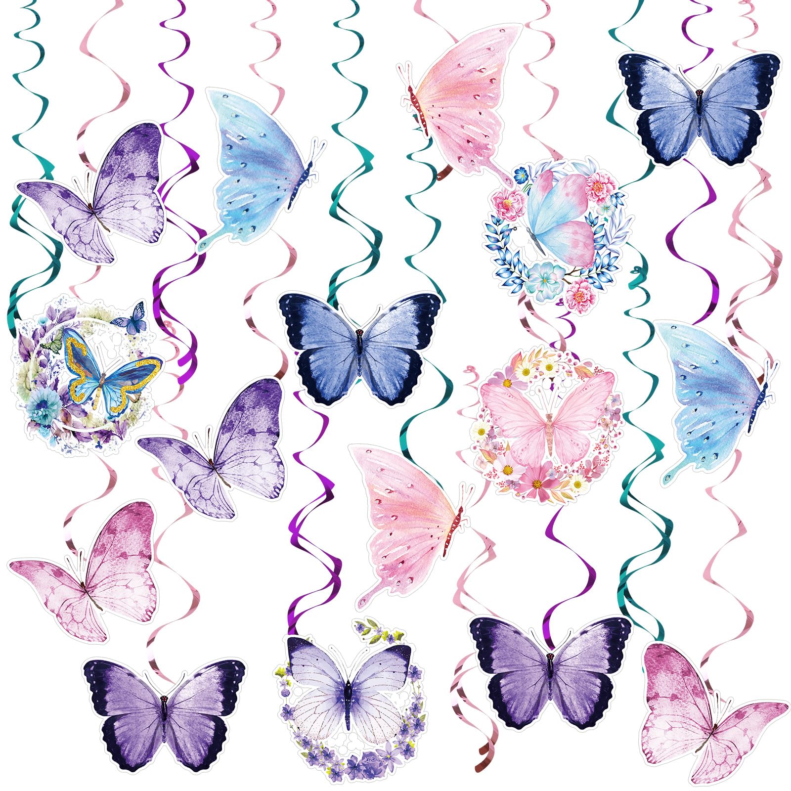 JUNEBRUSHS 46Pcs No Installation Hanging Butterfly Decorations Butterfly Birthday Decorations Spring Summer Themed Swirls Garland for Girl Birthday Wedding Party Baby Shower Garden Party