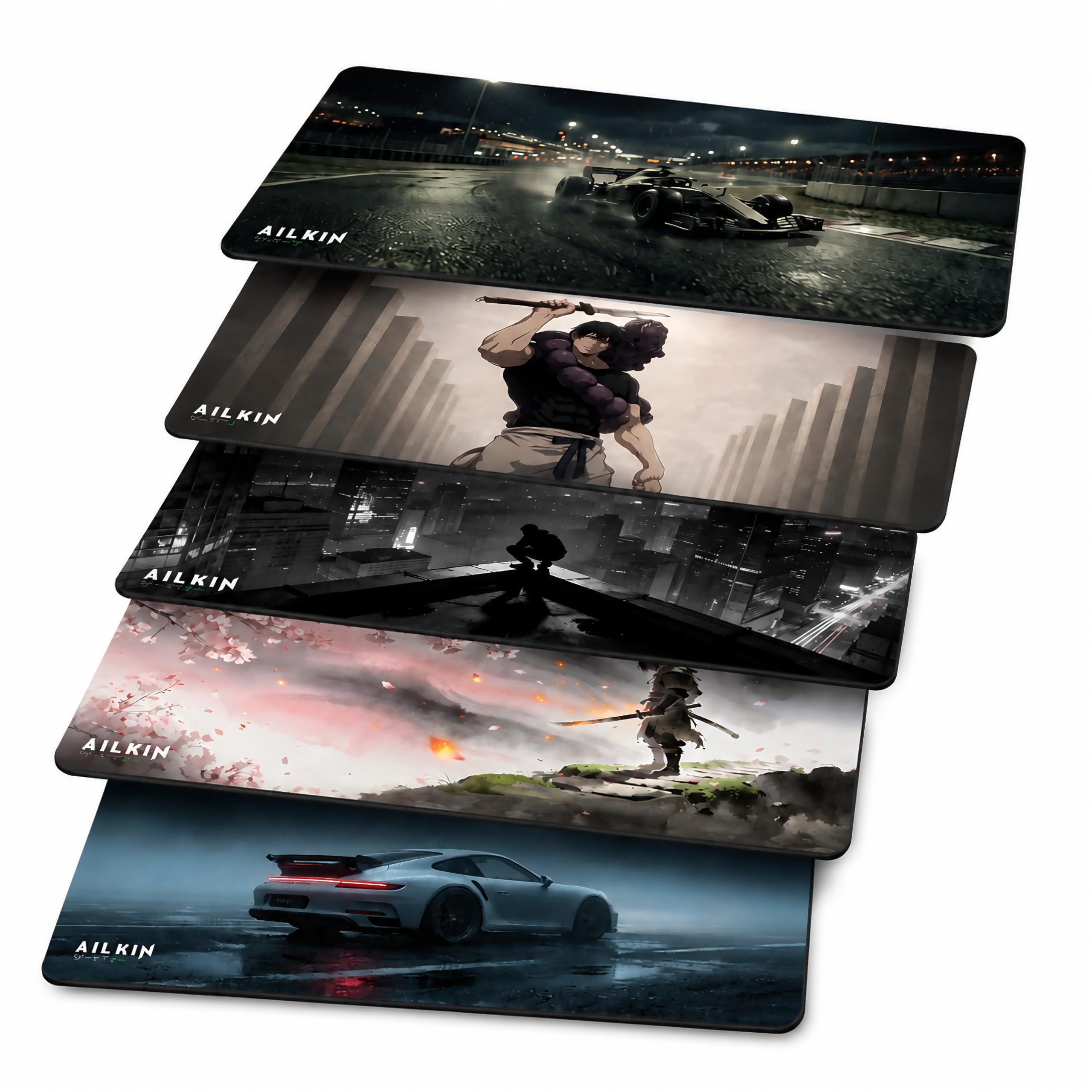 AILKIN Large Mouse Pad Combo Pack of 5 | Extended Large Desk Mat [58x27cm] with Racing Car, Anime, Sports Car & City Night Designs | Non-Slip Rubber Base XXL Mousepad for PC Laptop Keyboard-image-1