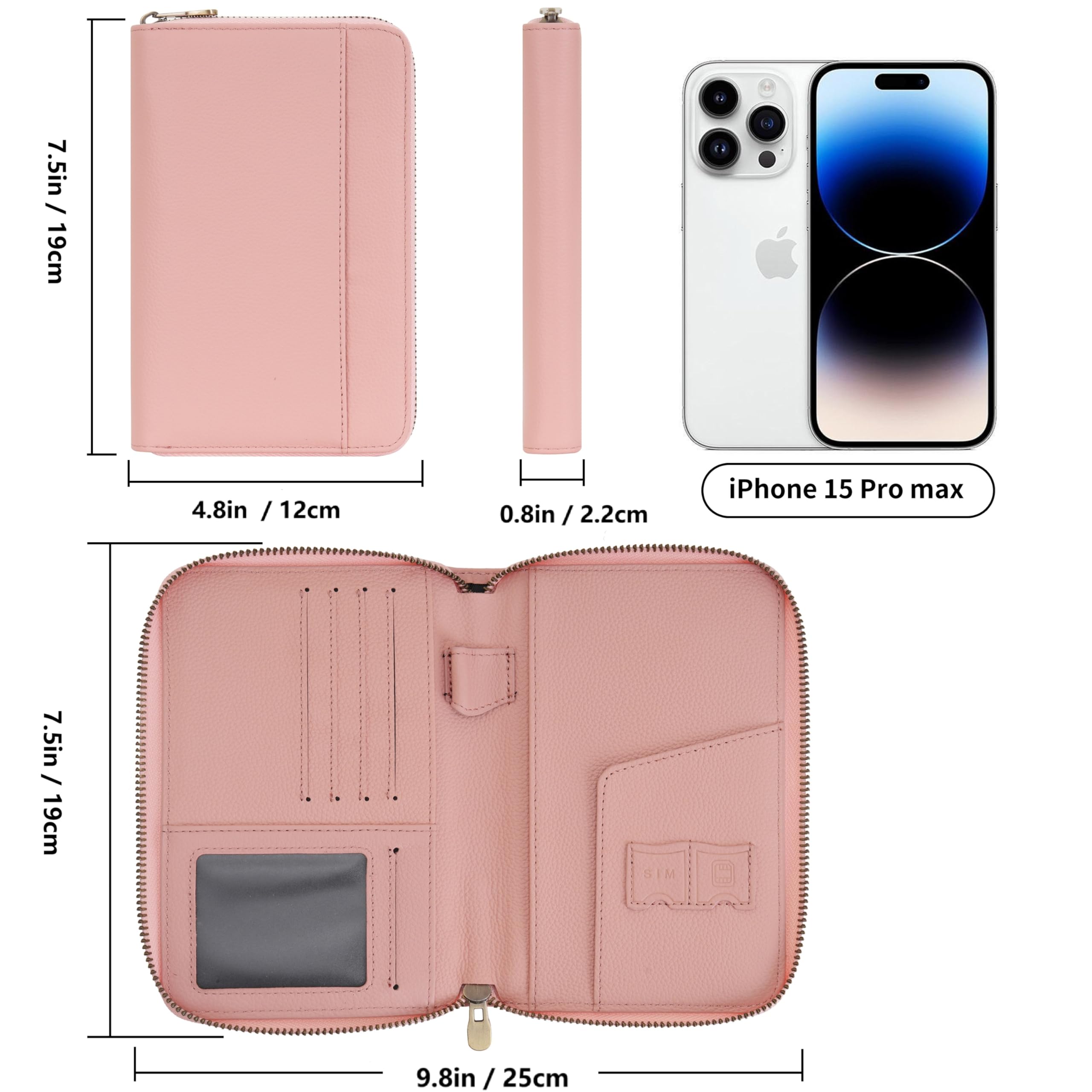WASON Portefeuille Passeport de Voyage en Cuir avec Fermeture Éclair Protection RFID, Étui Passeport avec Compartiments pour Cartes, Argent, Pièce d'Identité, Carte d'Embarquement et Billets (Rose)