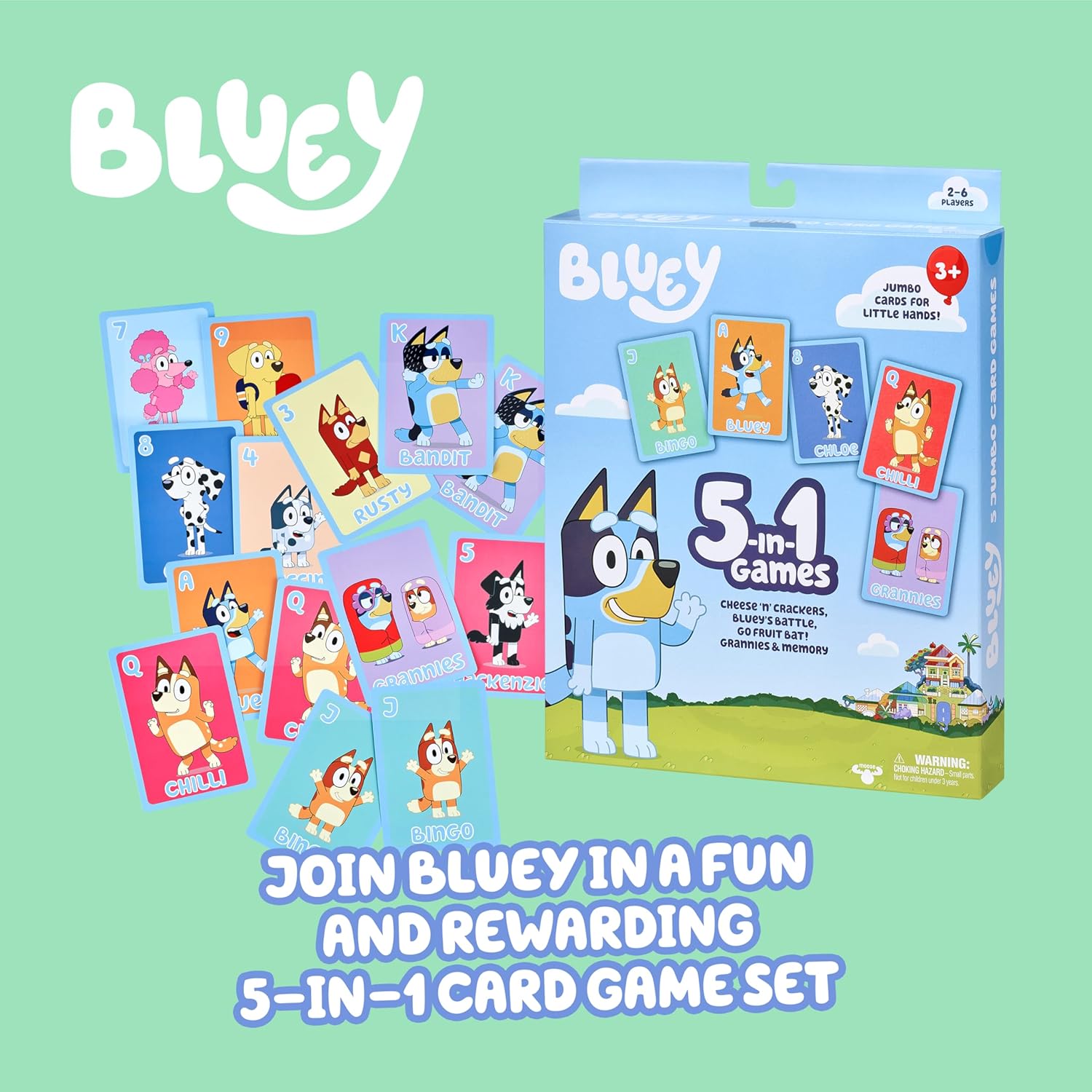 Bluey 5-in-1 Card Game Set, Jumbo-Sized 53-Deck Toddler Game, Multi-Color Interactive Play Card Games for Kids of Ages 3+