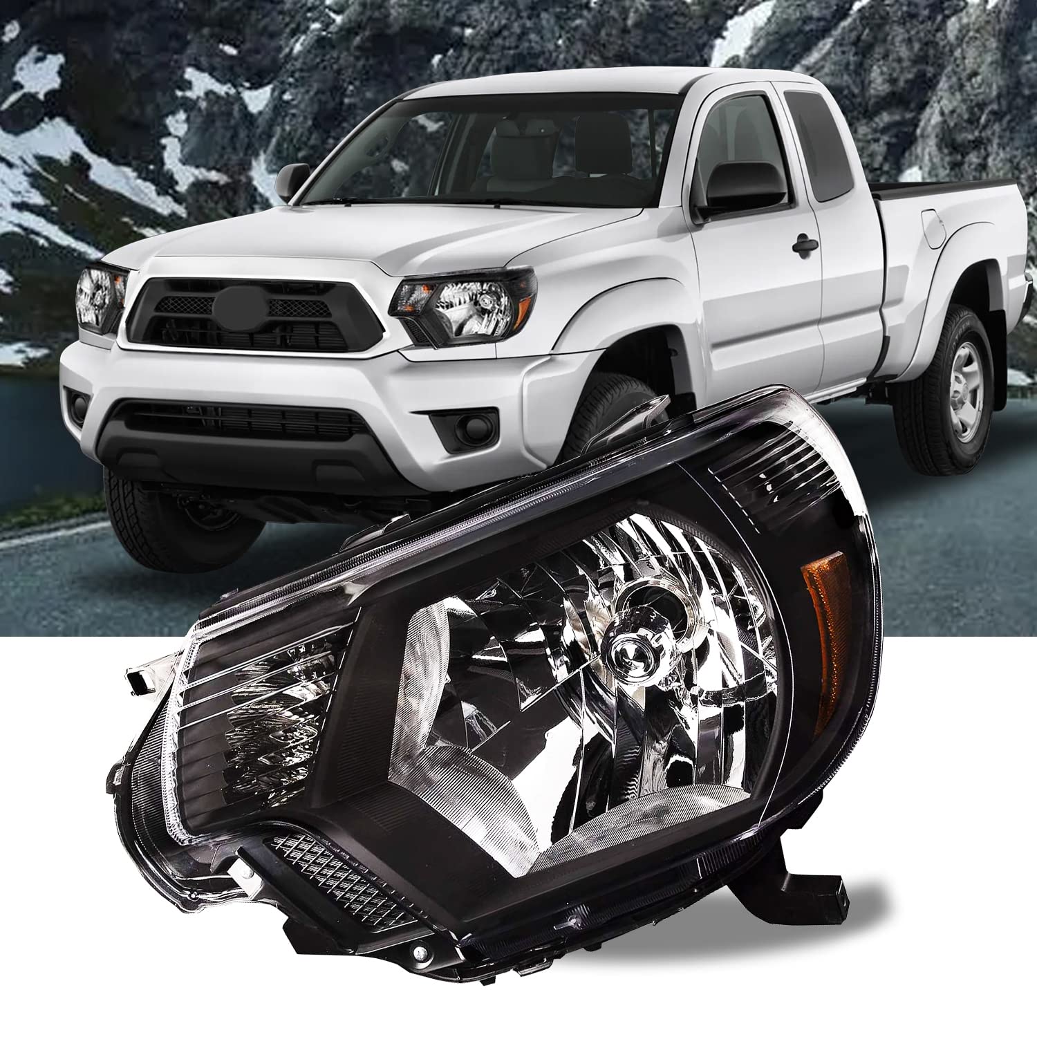 Headlights for 2012-2015 Toyota Tacoma - Drive Confidently in Any Weather with Anti-Fog Black Housing Amber Reflector Right.